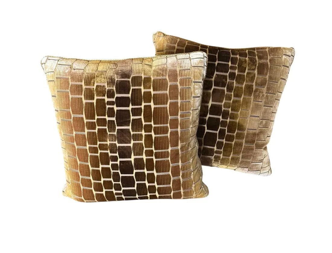 Pair of rare archival Clarence House brown silk velvet crocodile pillows: Pair of rare archival Clarence House brown silk velvet crocodile pillows. DIMENSIONS: 26"W x 26"H