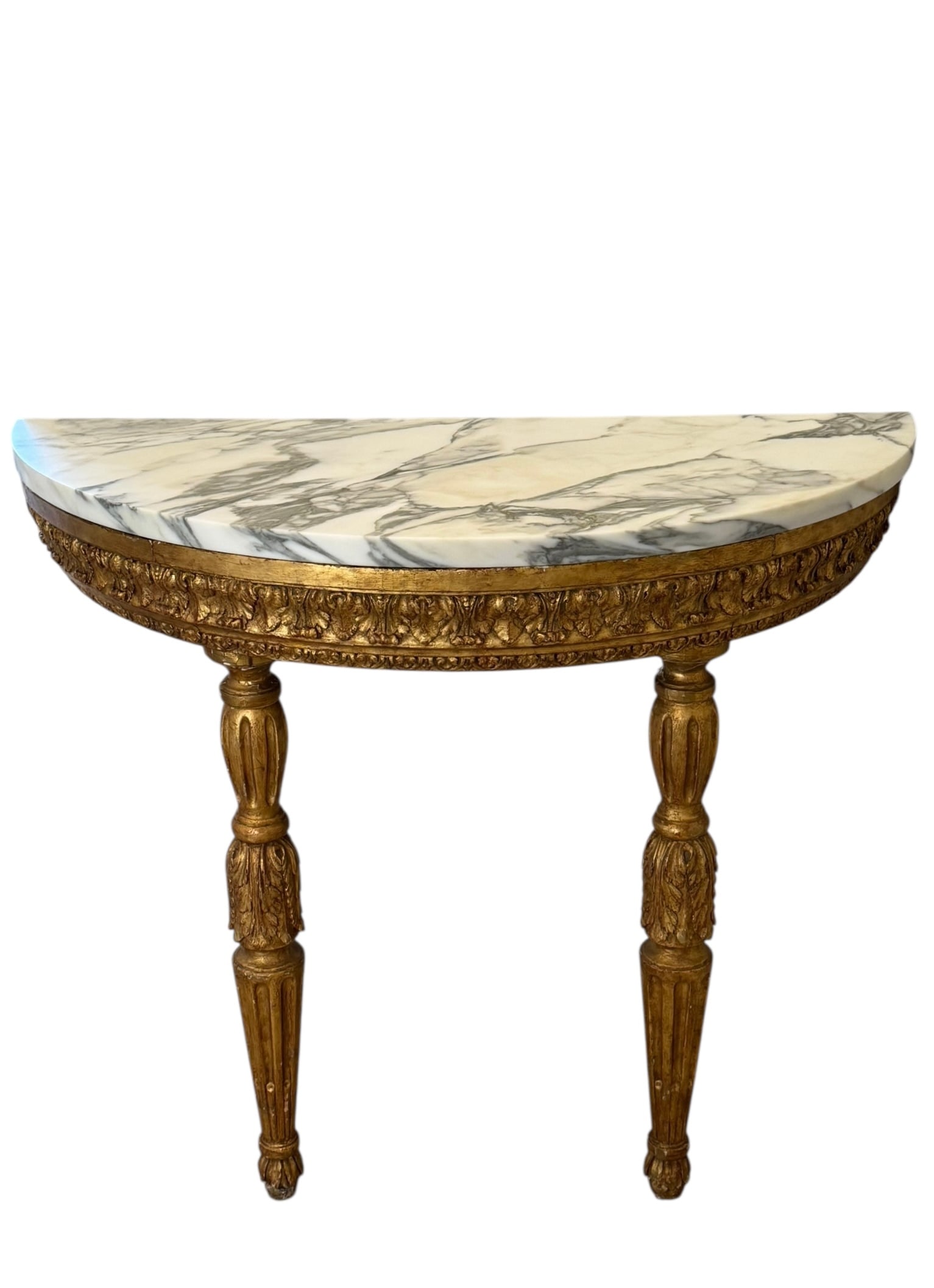 Antique giltwood demilune console with marble top: Antique giltwood demilune console with a thick marble top. DIMENSIONS: 42”W x 20”D x 35”H
