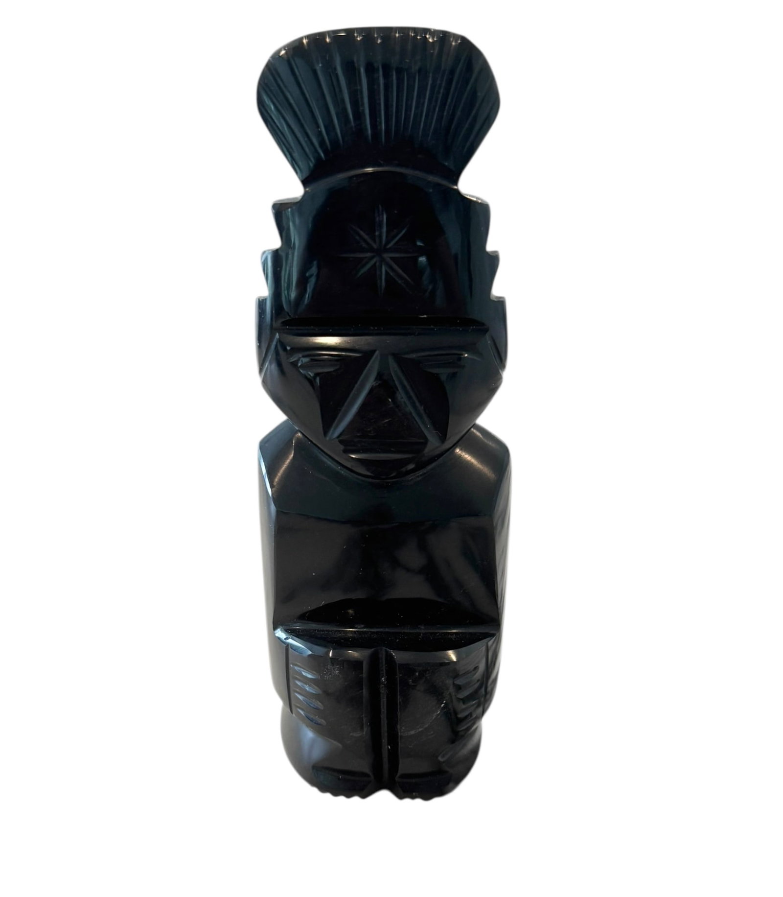 Carved obisidian totem: Carved obisidian totem. DIMENSIONS: 2" x 1.25" x 6"