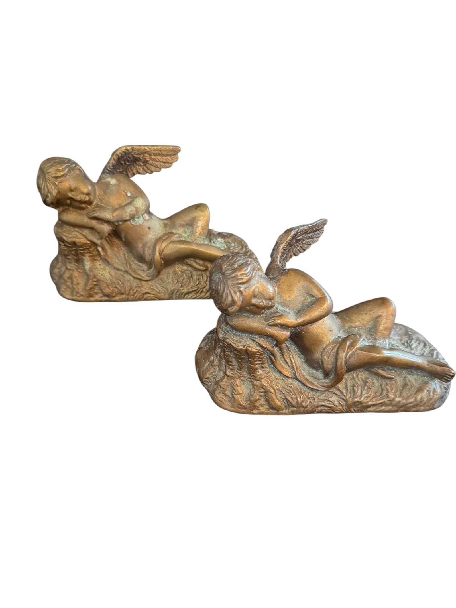 Pair of sleeping angel bronze statues: Pair of sleeping angel bronze statues. DIMENSIONS: 5.5" x 2.5" x 3.25"
