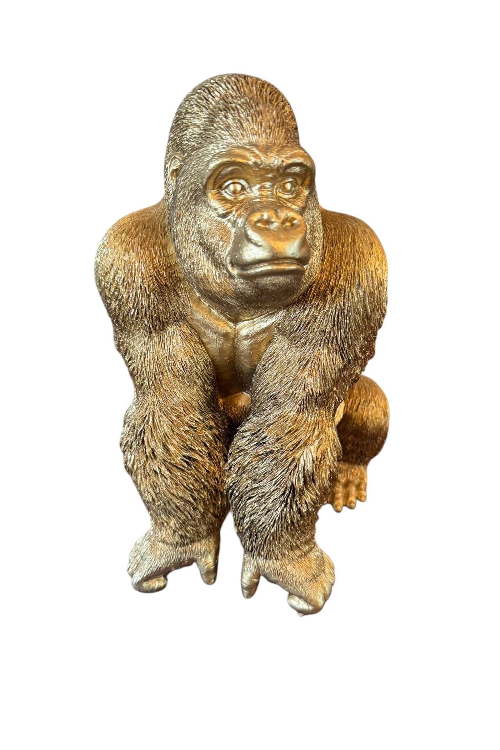 Small gold gorilla: Small gold gorilla. DIMENSIONS: 12" x 6" x 1"