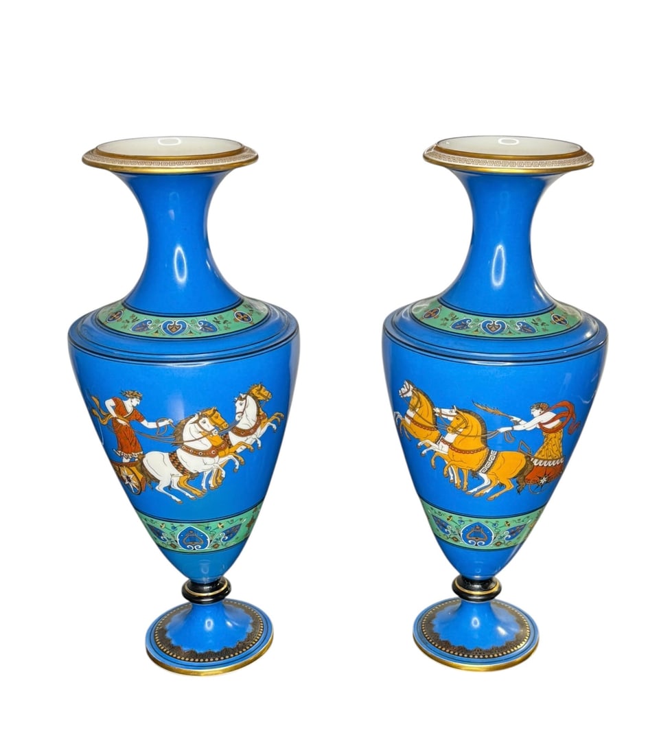 Pair of RARE blue Grecian Ware vases: Pair of RARE blue Grecian Ware vases. DIMENSIONS: 6.5"D x 15.5"H 4"D (Base). This item is located in NYC.