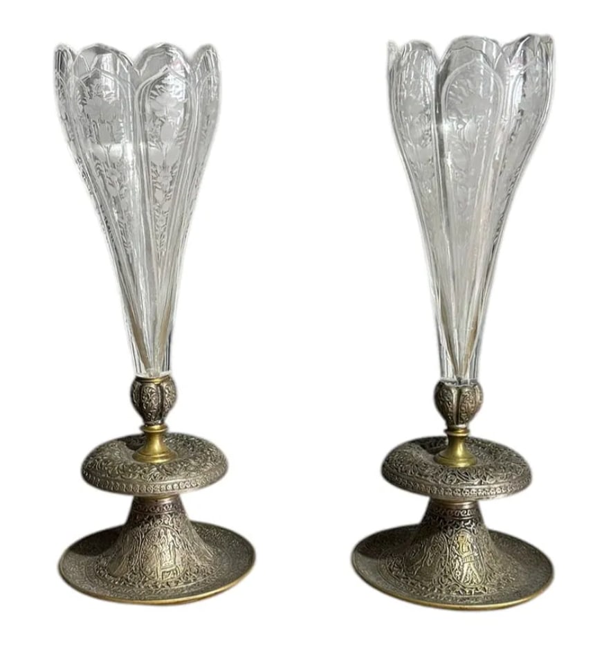 Rare pair of antique crystal vases thought to be Baccarat, mounted on Persian metal bases: Rare pair of exquisite antique crystal vases thought to be Baccarat, mounted on Persian metal bases. DIMENSIONS: 4"D (Base) x 10"H x 3" (Top)