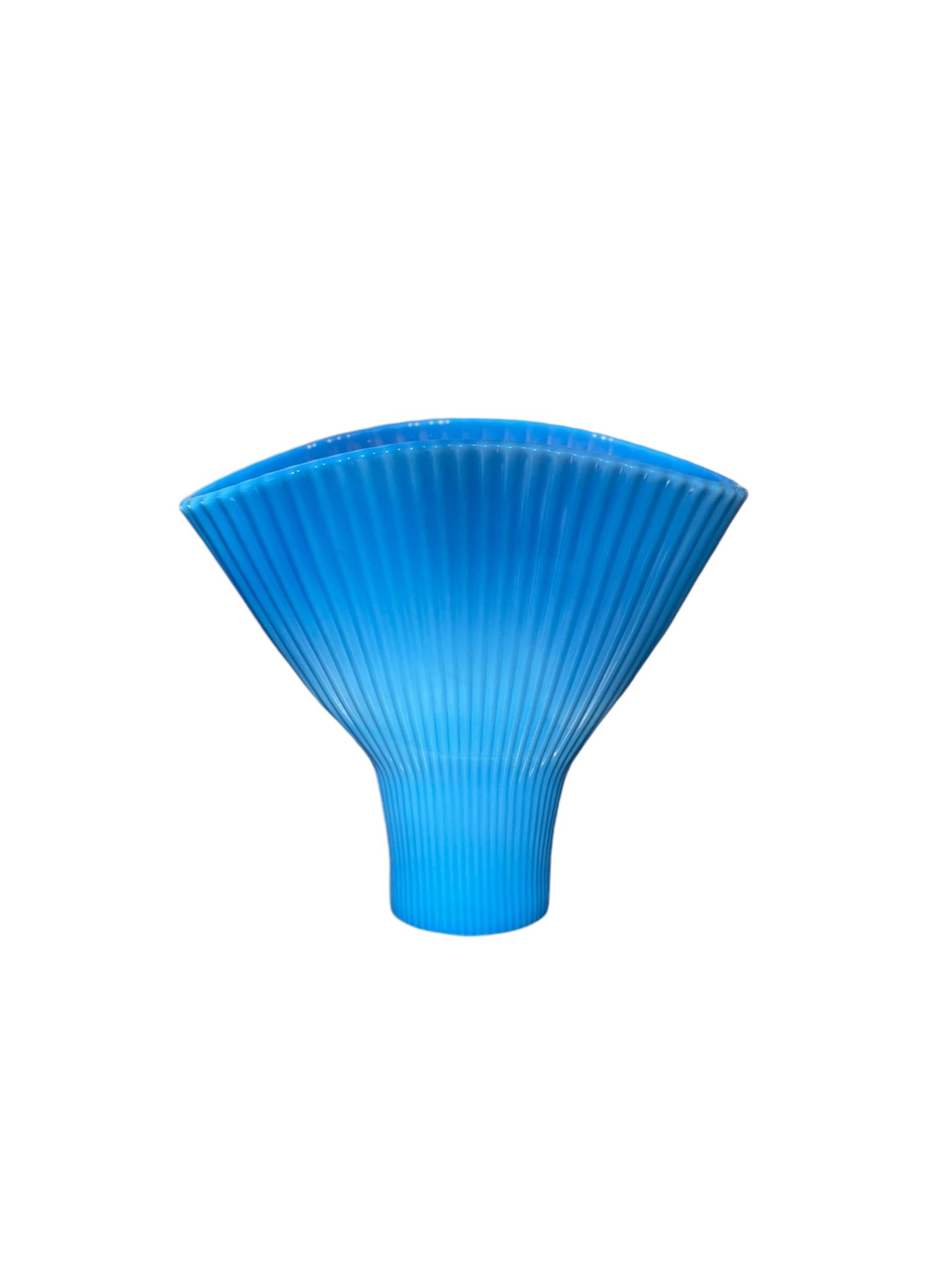 Vintage opaline fan vase: Rare vintage blue opaline ribbed fan-shaped vase. DIMENSIONS: 6"W x 2.75"D x 5.5"H