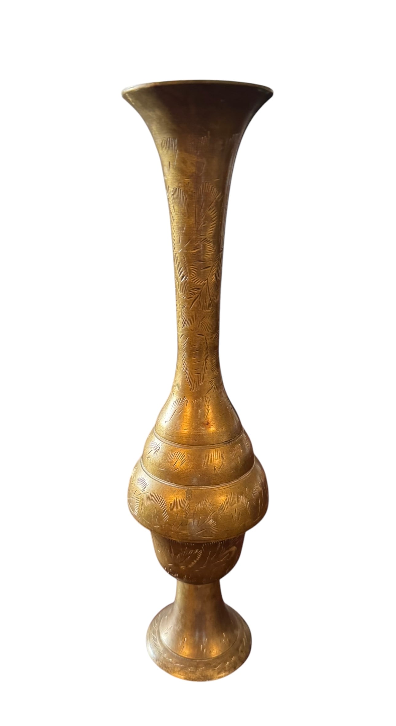 Antique Indian brass bud vase: An antique Indian brass bud vase. DIMENSIONS: 2.25"W x 2.25"D x 10"H