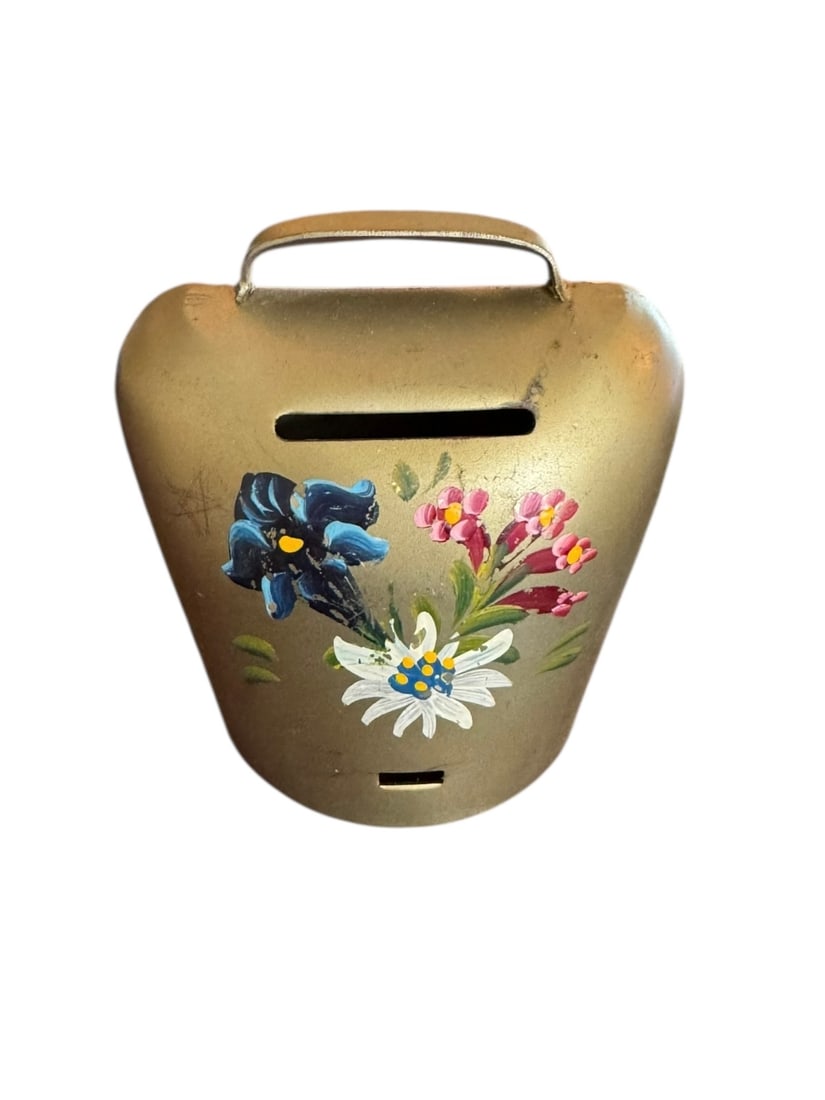 Painted brass cow bell: Painted brass cow bell. DIMENSIONS: 3.5" x 3.5"