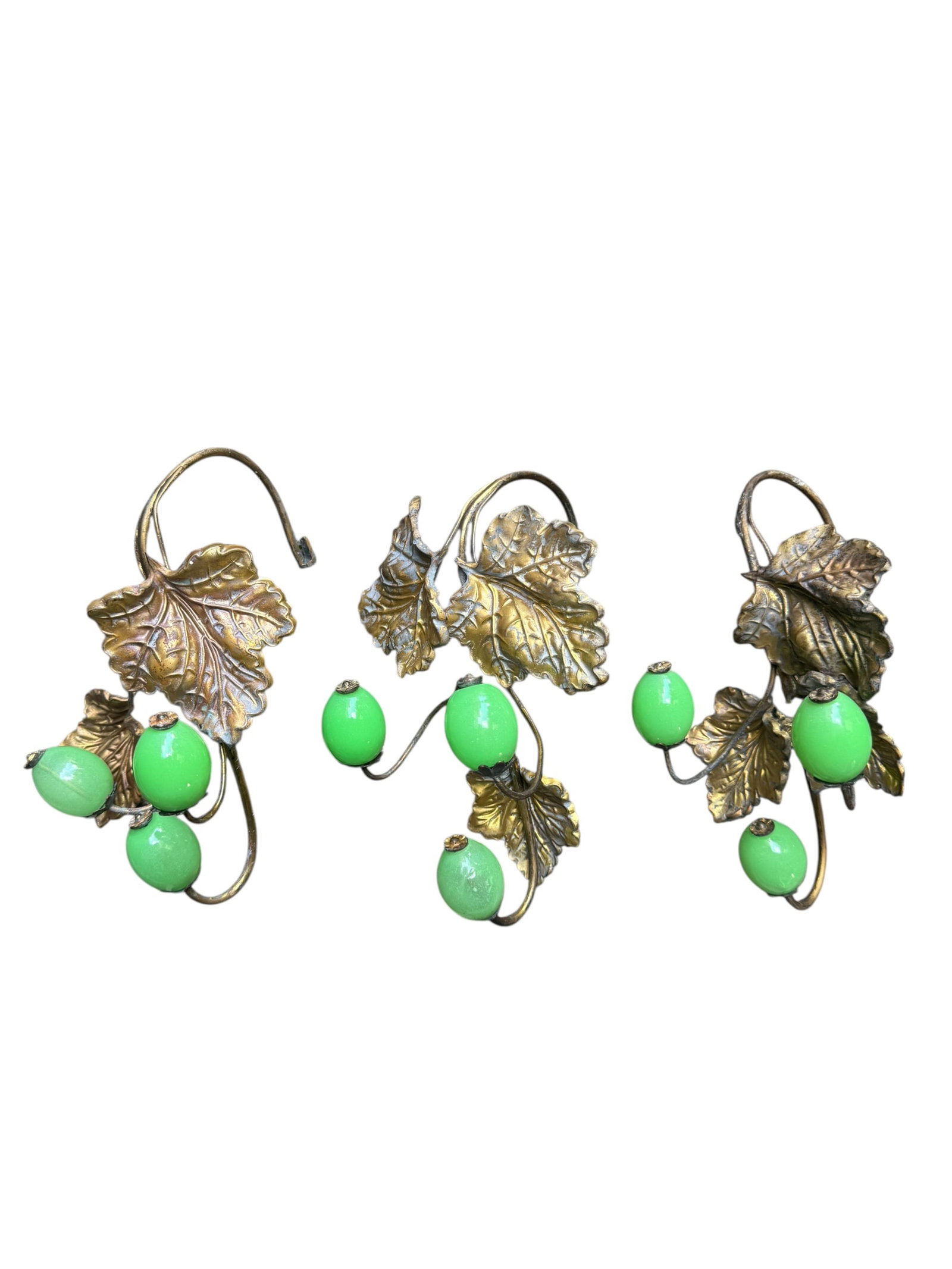 Set of 3 green opaline grape tiebacks: Set of 3 green opaline grape tiebacks. DIMENSIONS: 9"W x 5"D x 6"H