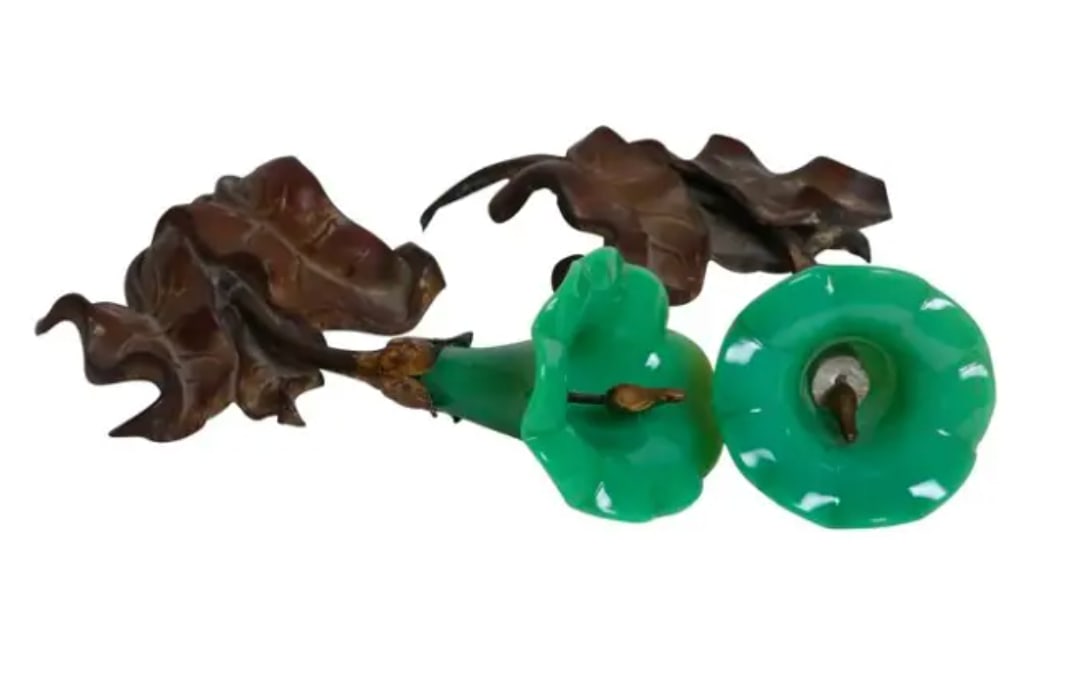 Pair of green French opaline flower tiebacks: Pair of green French opaline flower tiebacks. DIMENSIONS: 11"W x 5"D x 5"H