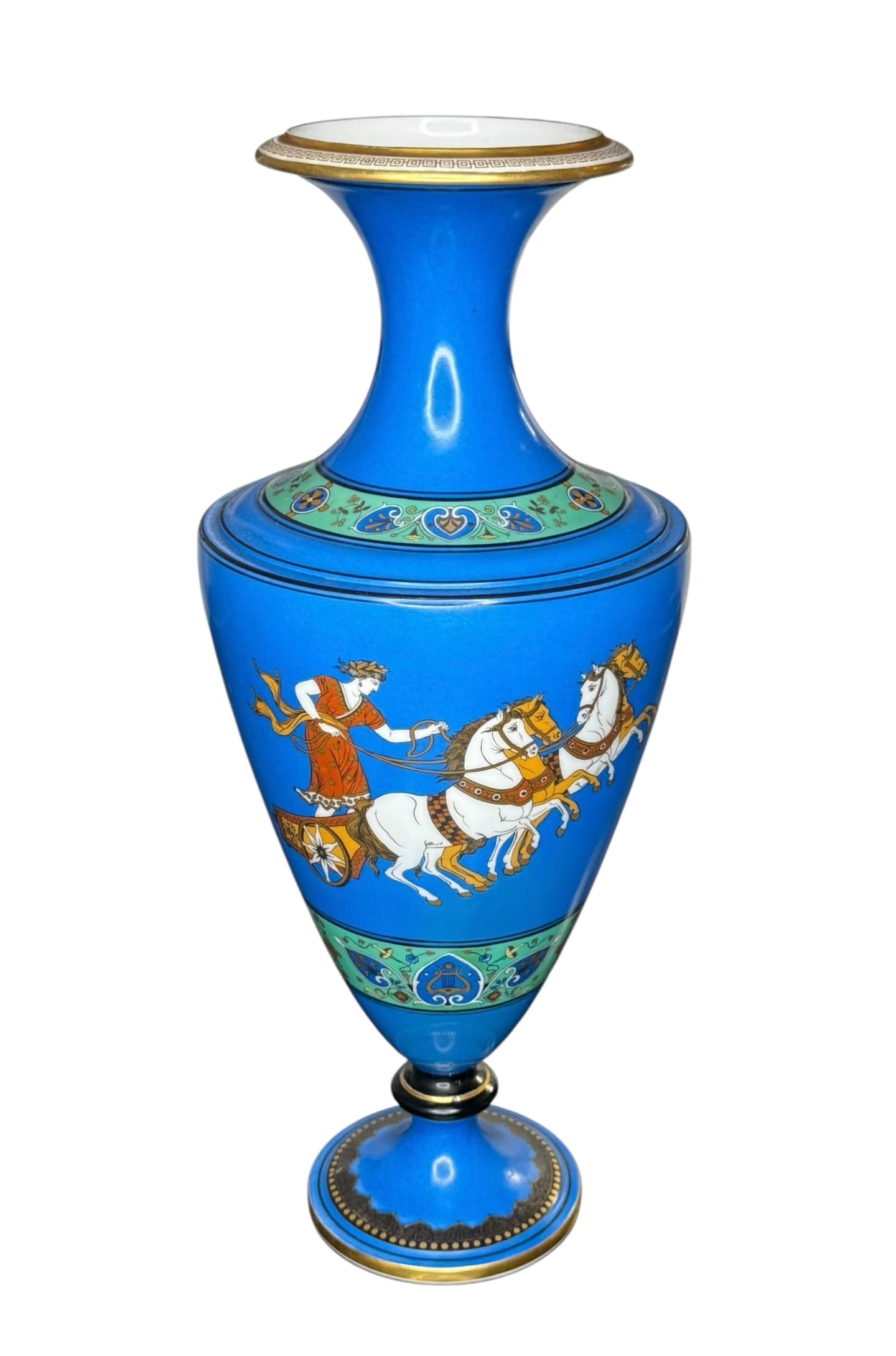 Pair of Rare Blue Grecian Ware Vases: A pair of rare blue Grecian Ware vases, a fine addition to any ceramics collection. Dimensions: 6.5"D x 15.5"H; 4"D base. This lot is offered with a reserve. All items ship. No local pickup and no buy