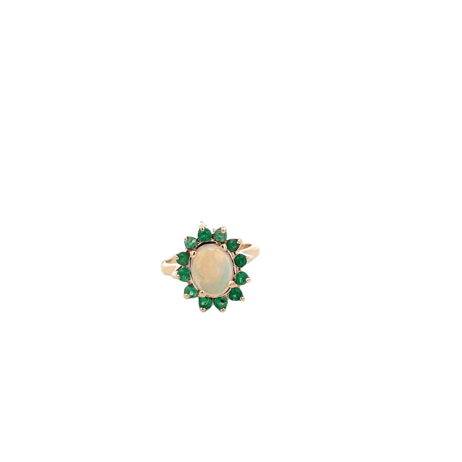 Opal/Emerald Ring: 14K yellow opal estate ring, 12 emeralds, size 2.25