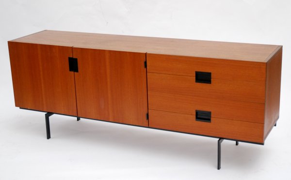 "Cees Braakman, Sideboard (part of a modular furni: "Cees Braakman, Sideboard (part of a modular furniture programme), around 1957, for UMS-Pastoe. Wood, veneered teak, black synthetics, black painted metal. Metal label: Pastoe. H. 73x185x46 cm Lit.: N