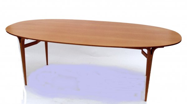 "Bruno Mathsson, Oval dining table with split leg: "Bruno Mathsson, Oval dining table with split legs, model "Mi 766" designed in 1948. Producer: Bruno Mathsson International, Sweden. Beech plywood, beech-veneered top, marked. H. 70x220x110 cm"