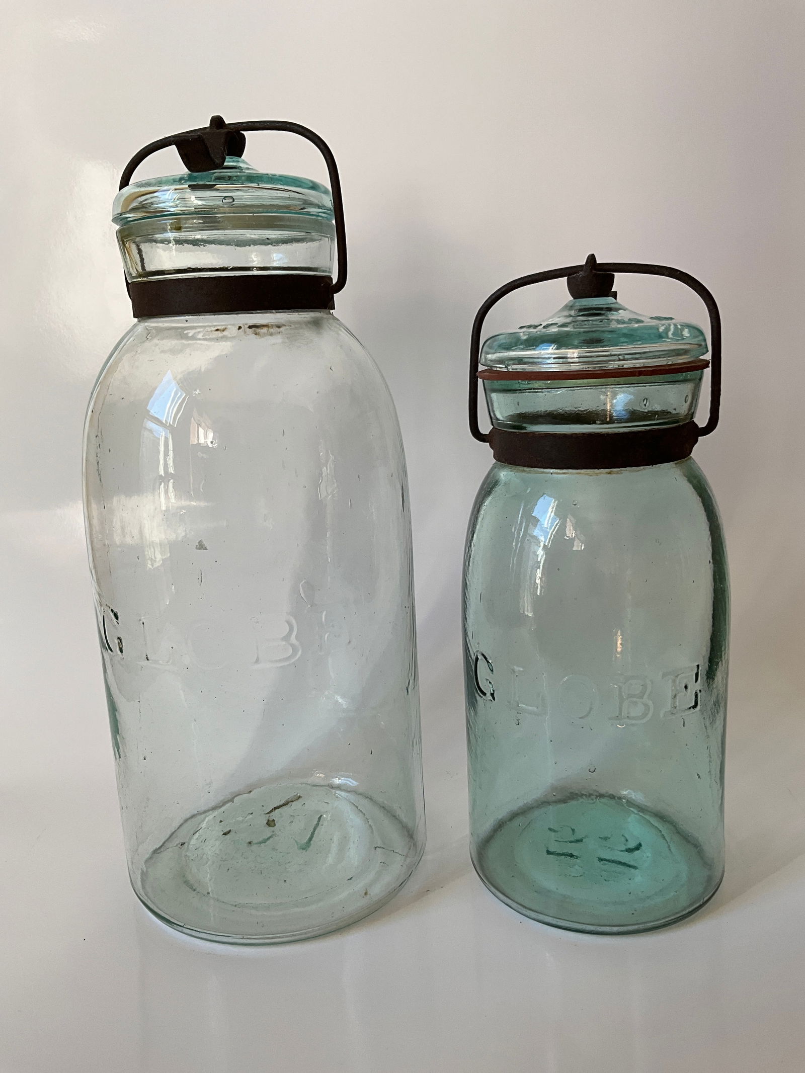 Pair of Aqua Globe Fruit Jars, Half-Gallon and Quart (1 of 8)