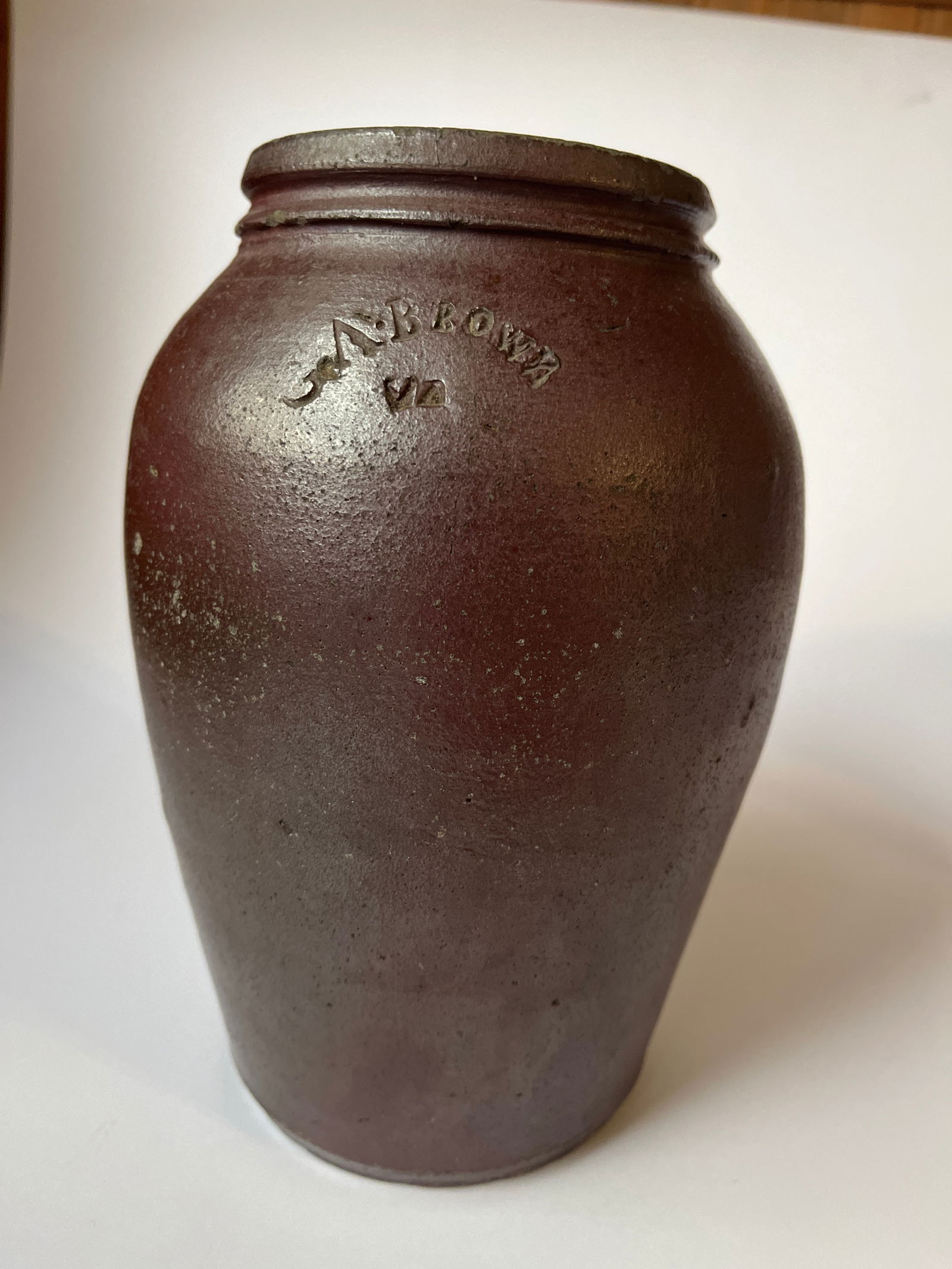 G.A. BROWN VA impressed stoneware jar. Approx. 12 gal. size. (1 of 3)