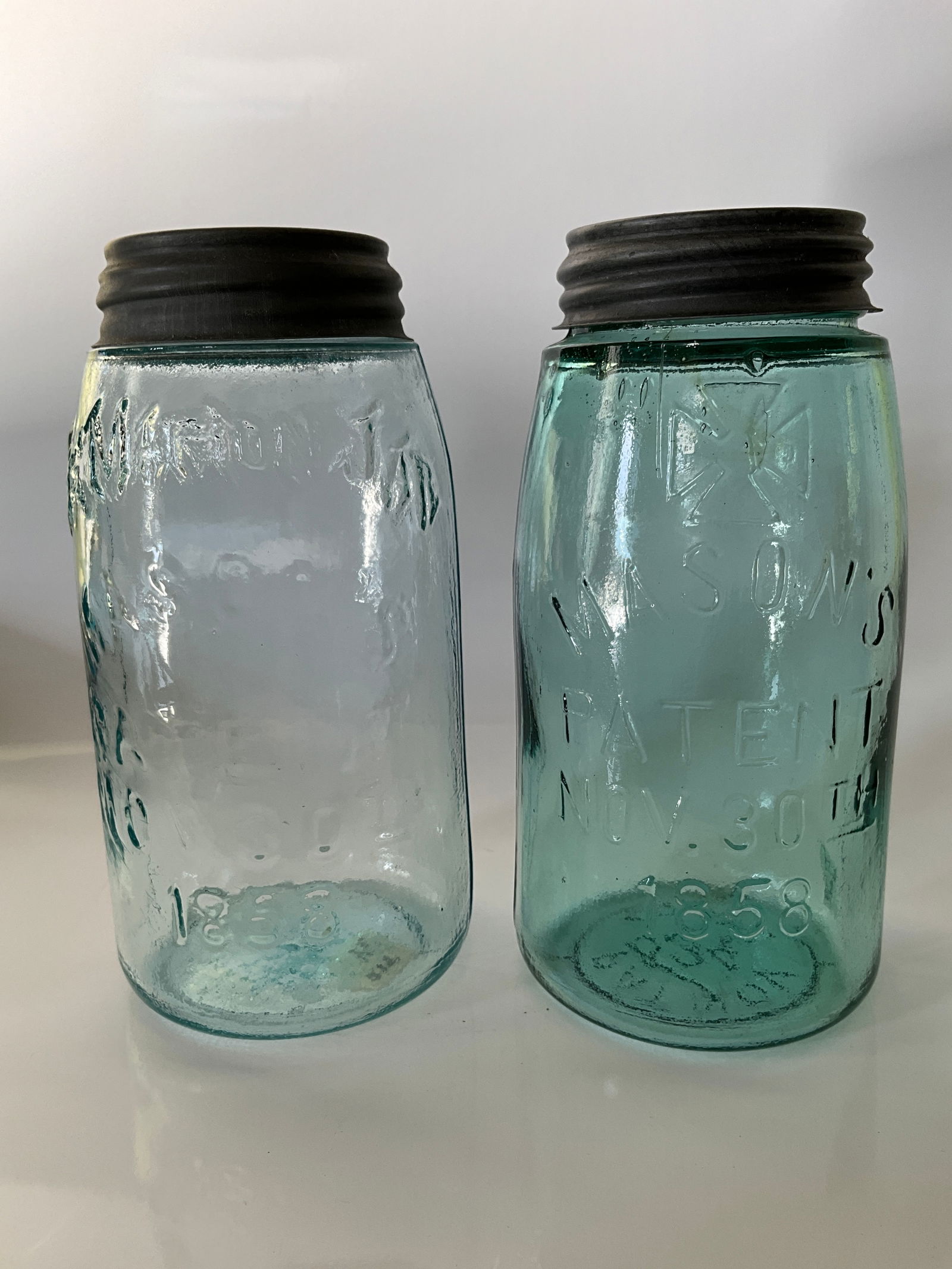 Two Quart-Size Mason's Fruit Jars, "The Marion Jar" Patent Nov. 30th, 1858 (1 of 7)