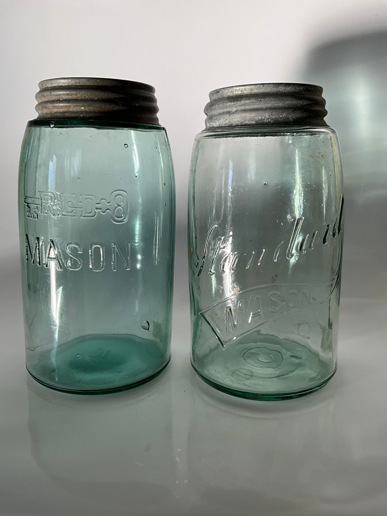 Two Mason Fruit Jars, Quart Size. Red Key and Standard ("Mason" in Banner) (1 of 3)
