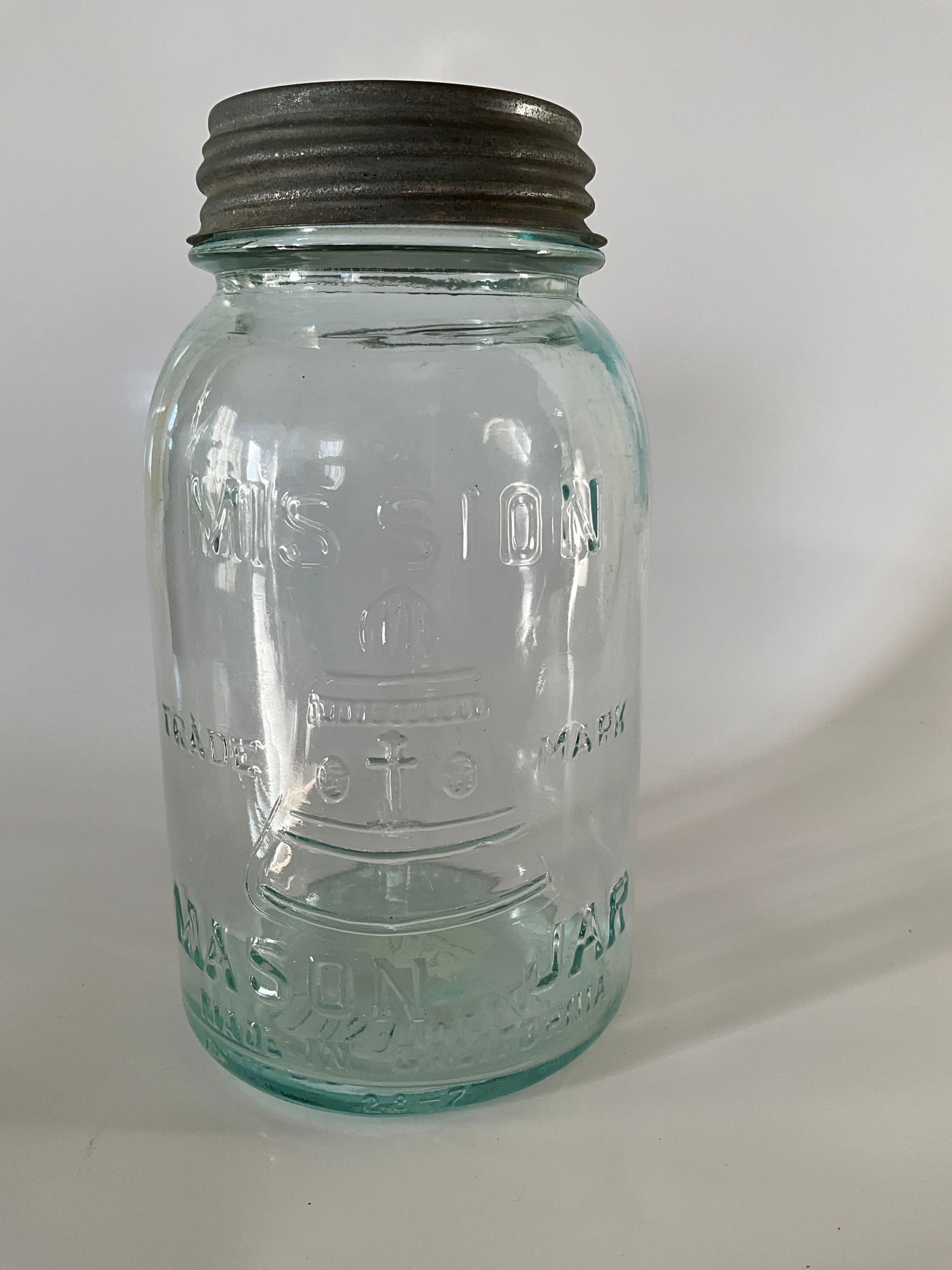 Mission Mason Jar, Made in Los Angeles, California. Aqua Quart (1 of 3)