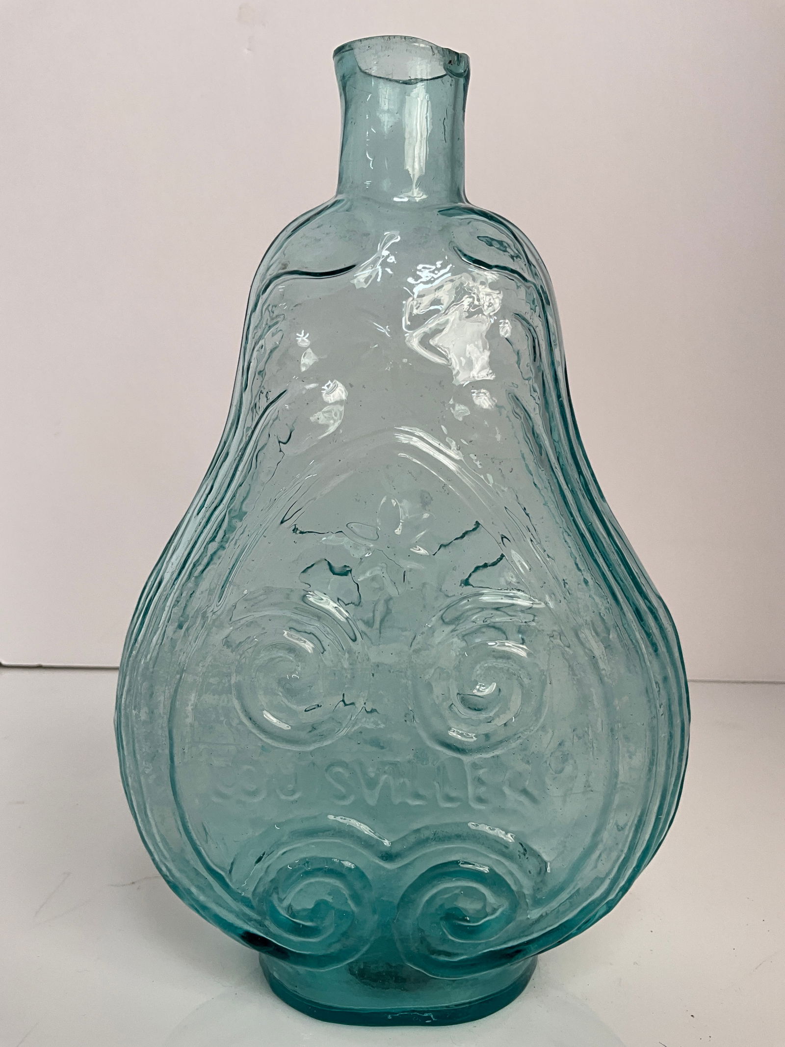 Quart Scroll Flask Embossed with Louisville KY, and Glass Works 1850-60s (1 of 4)