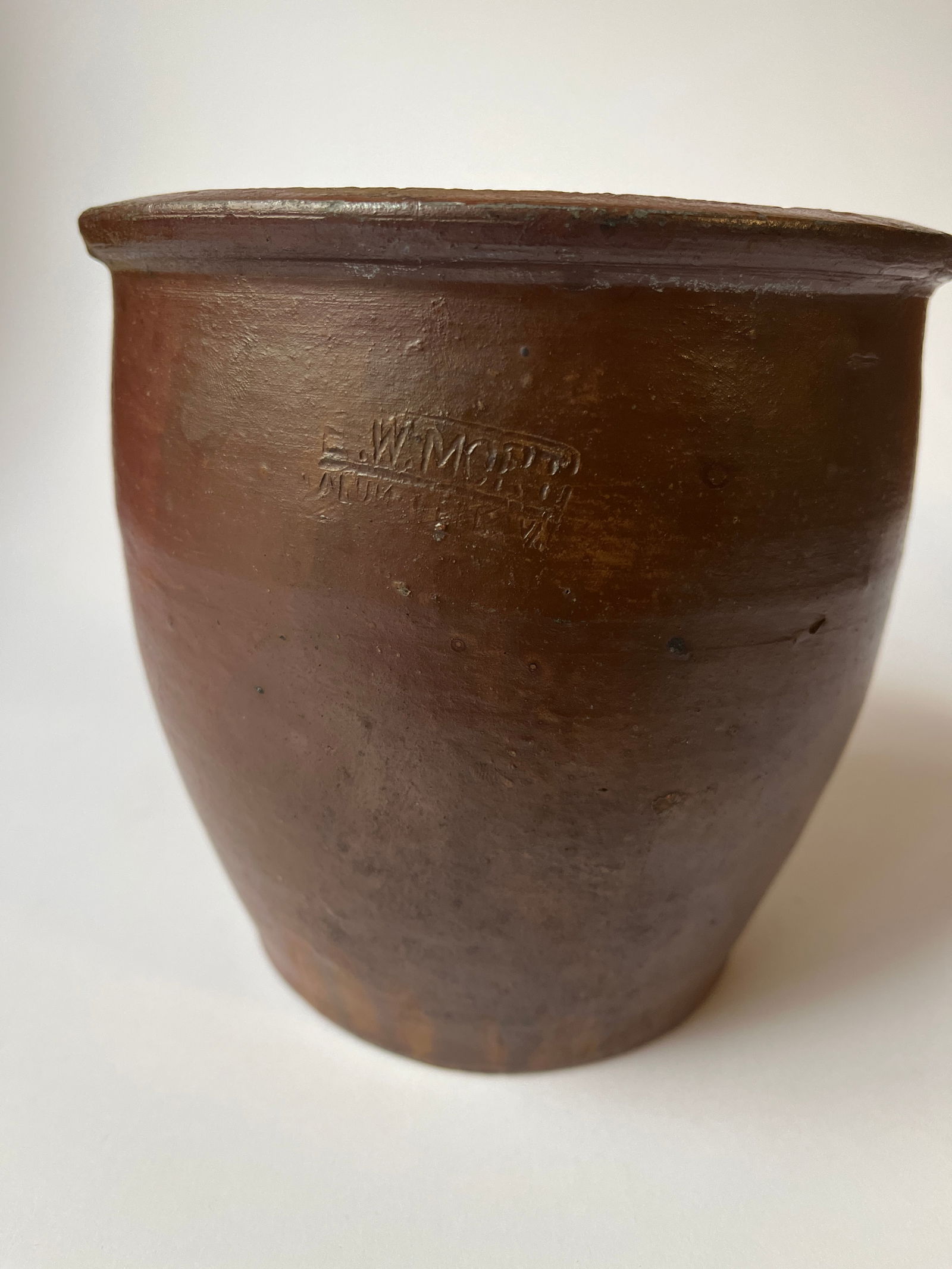 E.W. MORT ALUM WELLS VA.  brown salt glazed stoneware jar. (1 of 4)