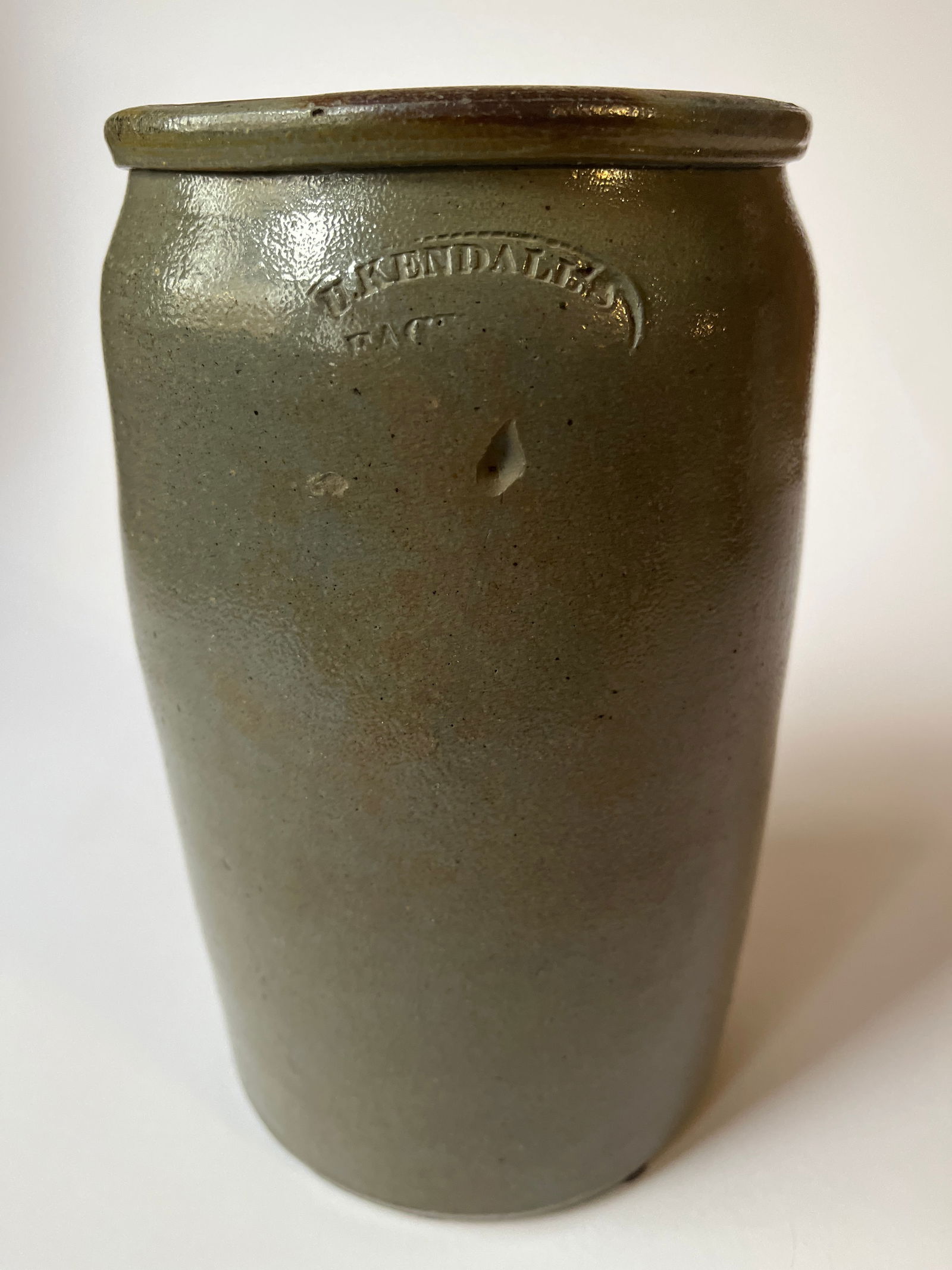 U. KENDALL'S FACTORY CIN. grey salt grazed stoneware jar: Grey salt glazed stoneware jar impressed U. KENDALL'S FACTORT CIN.Part of stamp is unreadable but jar is perfect. 8 1/2" tall.