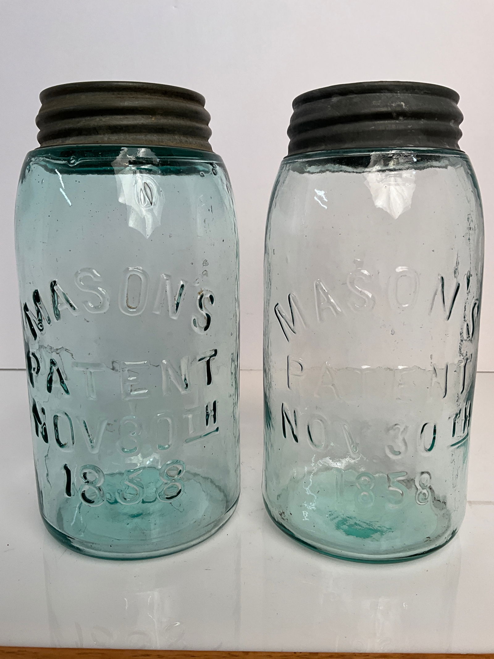 Two Aqua Mason's Patent Nov. 30th, 1858 Fruit Jars (1 of 6)