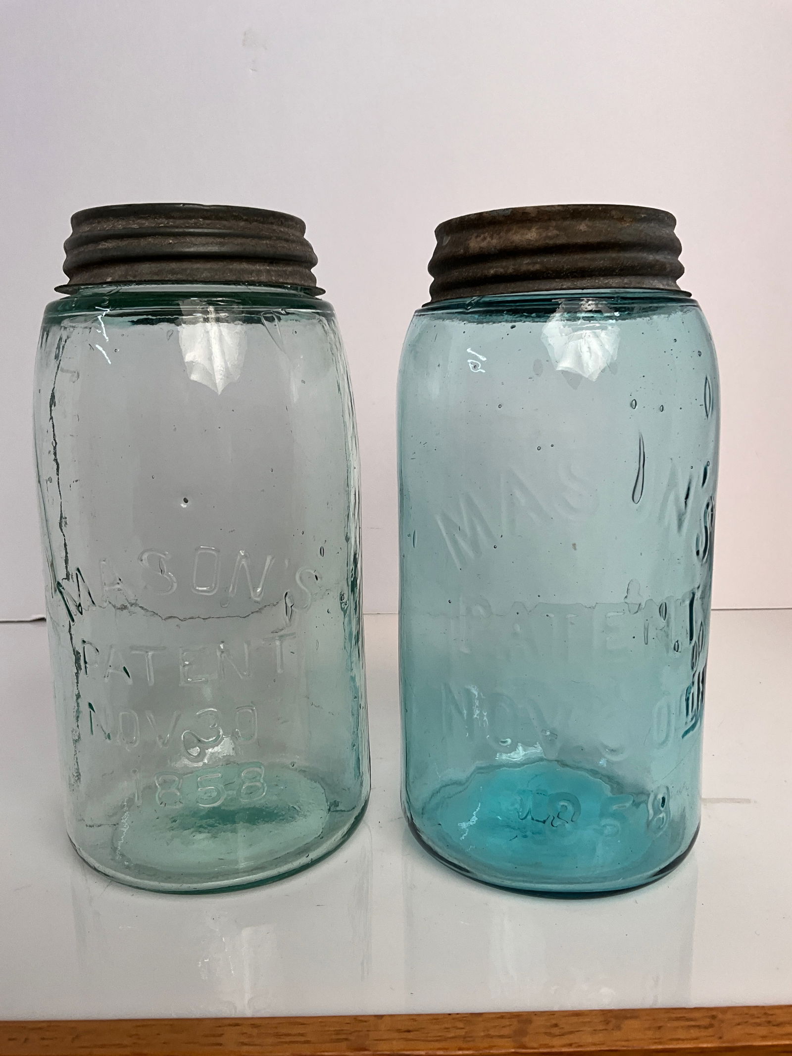 Two Aqua Mason's Patent Nov. 30th, 1858 Fruit Jars (1 of 8)