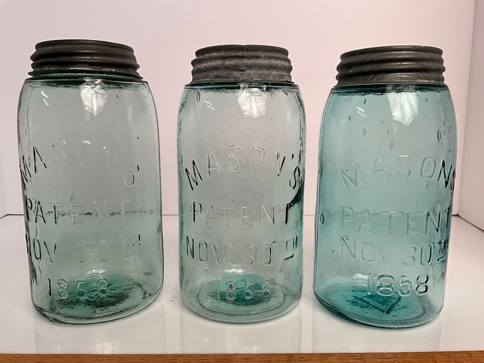 Three, Aqua Mason's Patent Nov. 30th, 1858 Fruit Jars- All with Base Embossing (1 of 10)