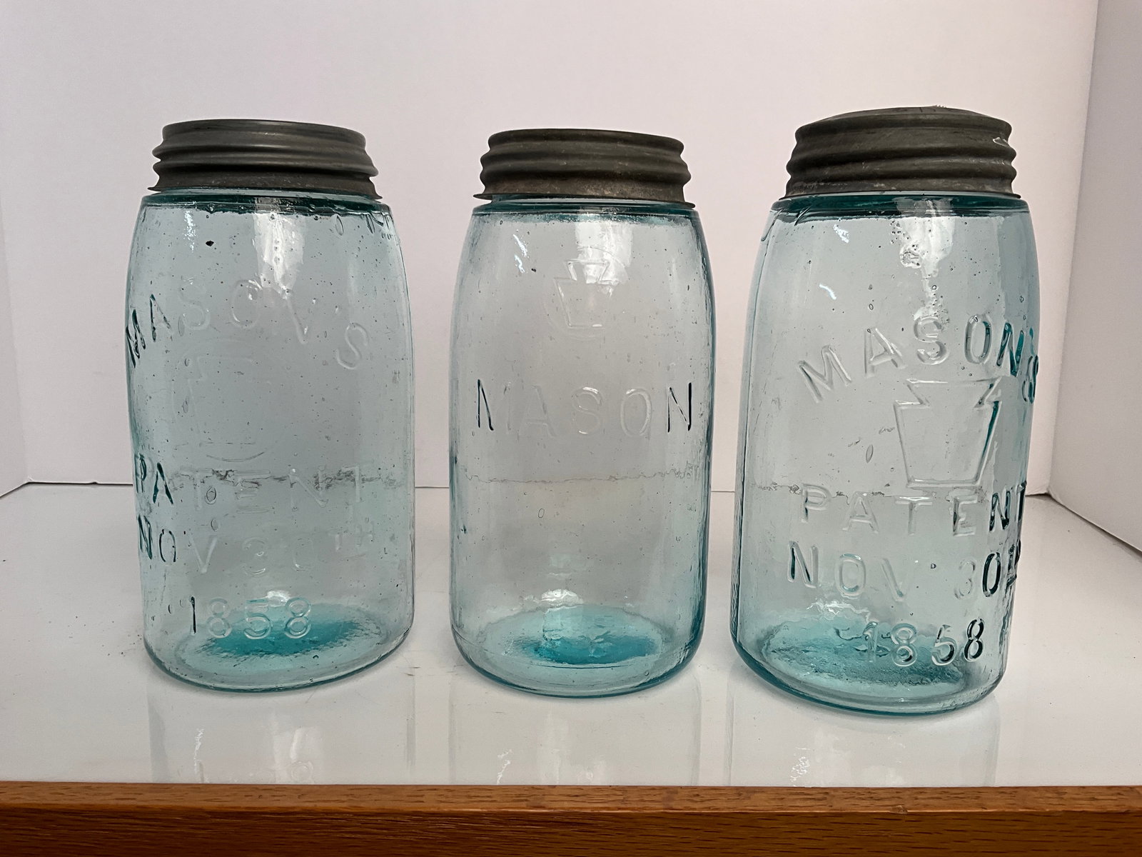 Three, Aqua Keystone Mason's Patent Nov. 30th, 1858 Fruit Jars (1 of 8)