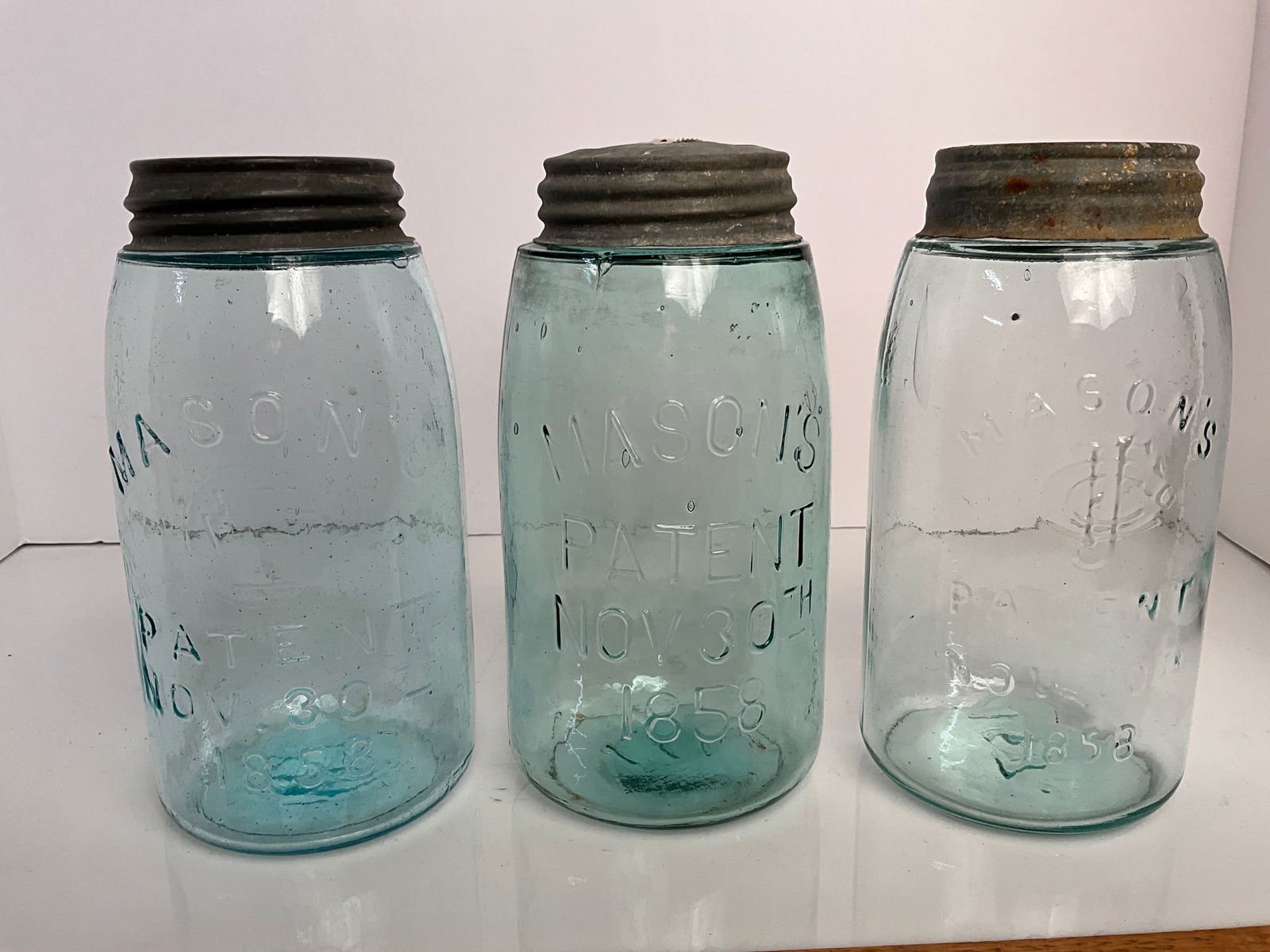 Three Different Mason's Patent Nov. 30th, 1858 Fruit Jars, Aqua (1 of 6)