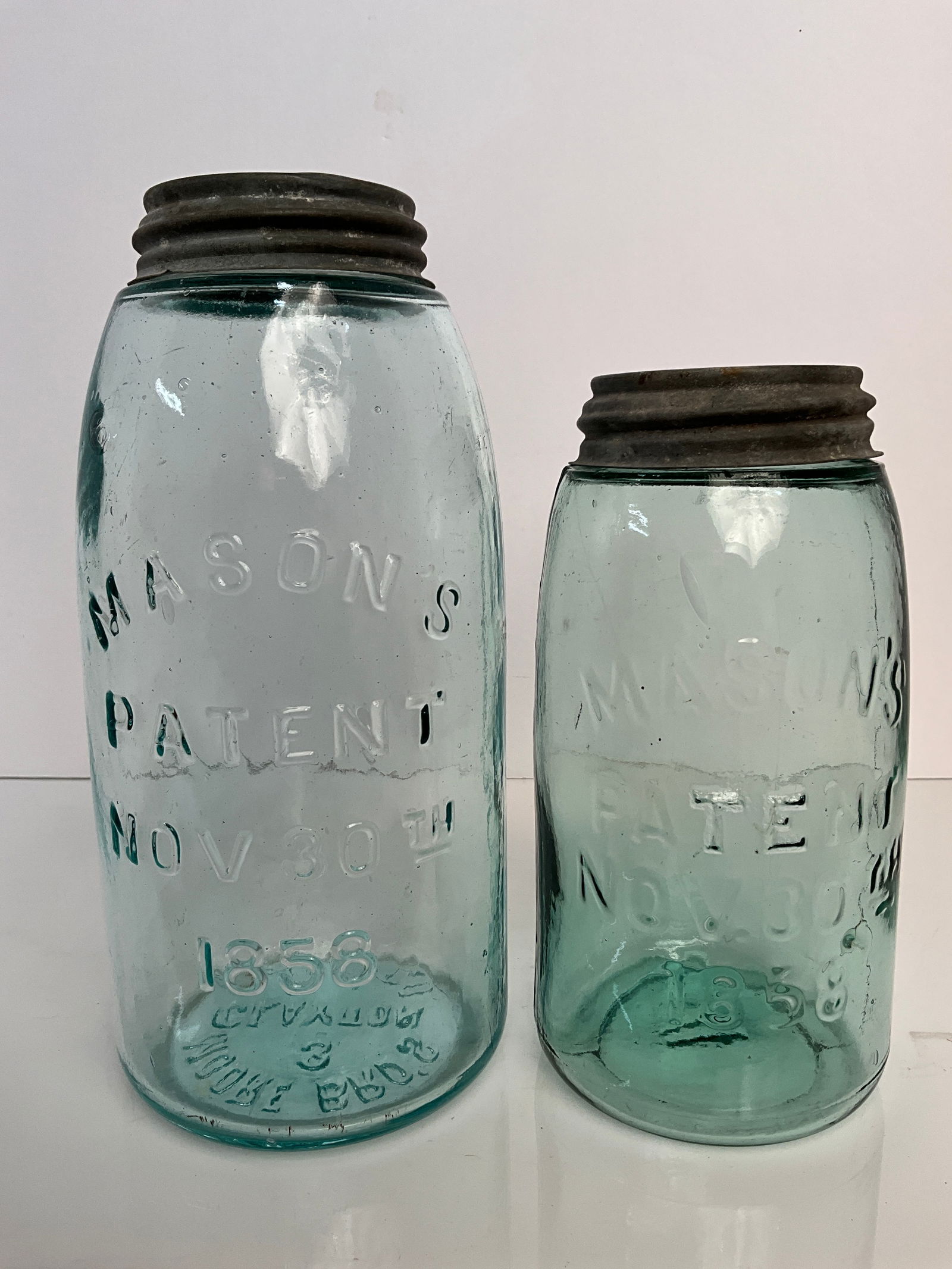 Two Mason's Patent Nov. 30th 1858 Fruit Jars, One Embossed with Moore Bro's. on Bottom (1 of 5)