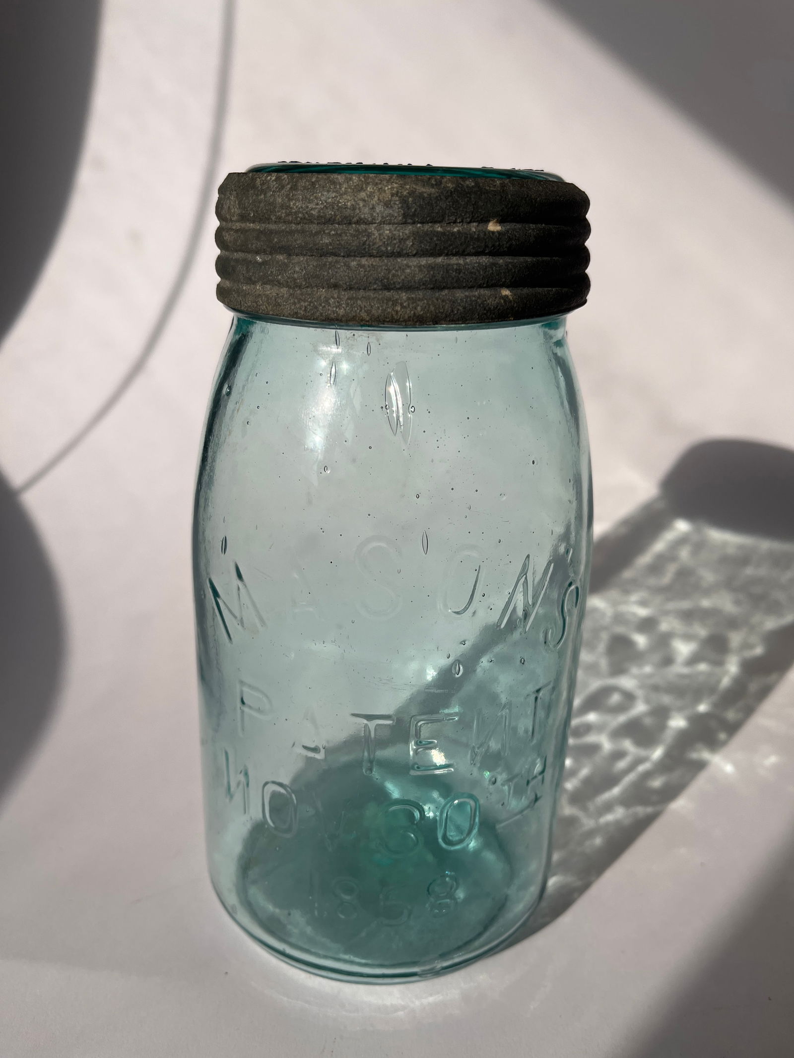 Quart aqua Masons Patent Nov. 30th 1858. Errors on jar and lid. (1 of 5)