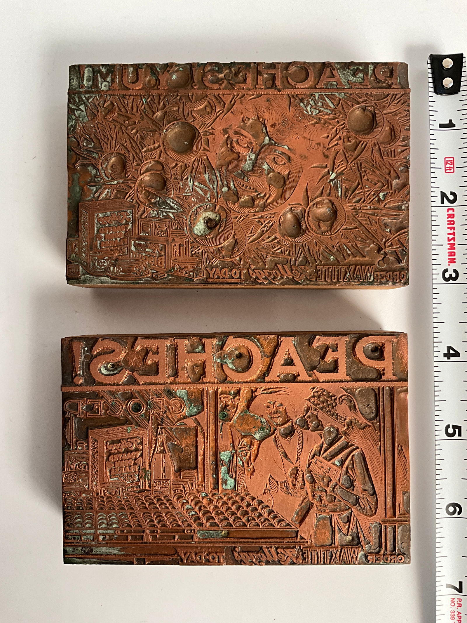 Two Copper Wood Blocks for Kelloggs Corn Flakes and to add Peaches (1 of 4)