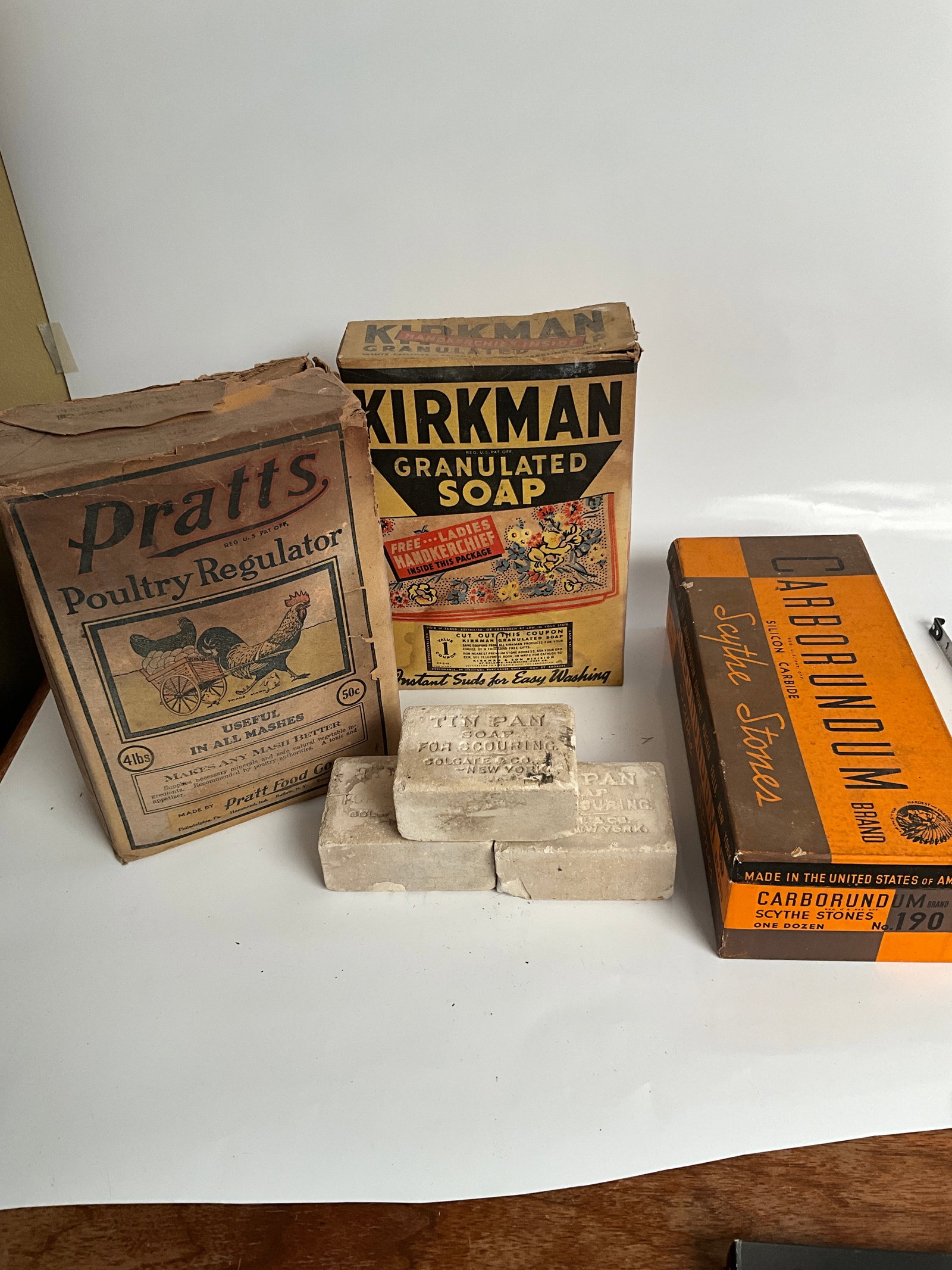 Miscellaneous turn of the century boxes and Colgate tin pan soap: Miscellaneous turn of the century boxes and Colgate tin pan soap. The Pratts is empty, the Kirkland is full, and the silicon carbide is empty box as well.