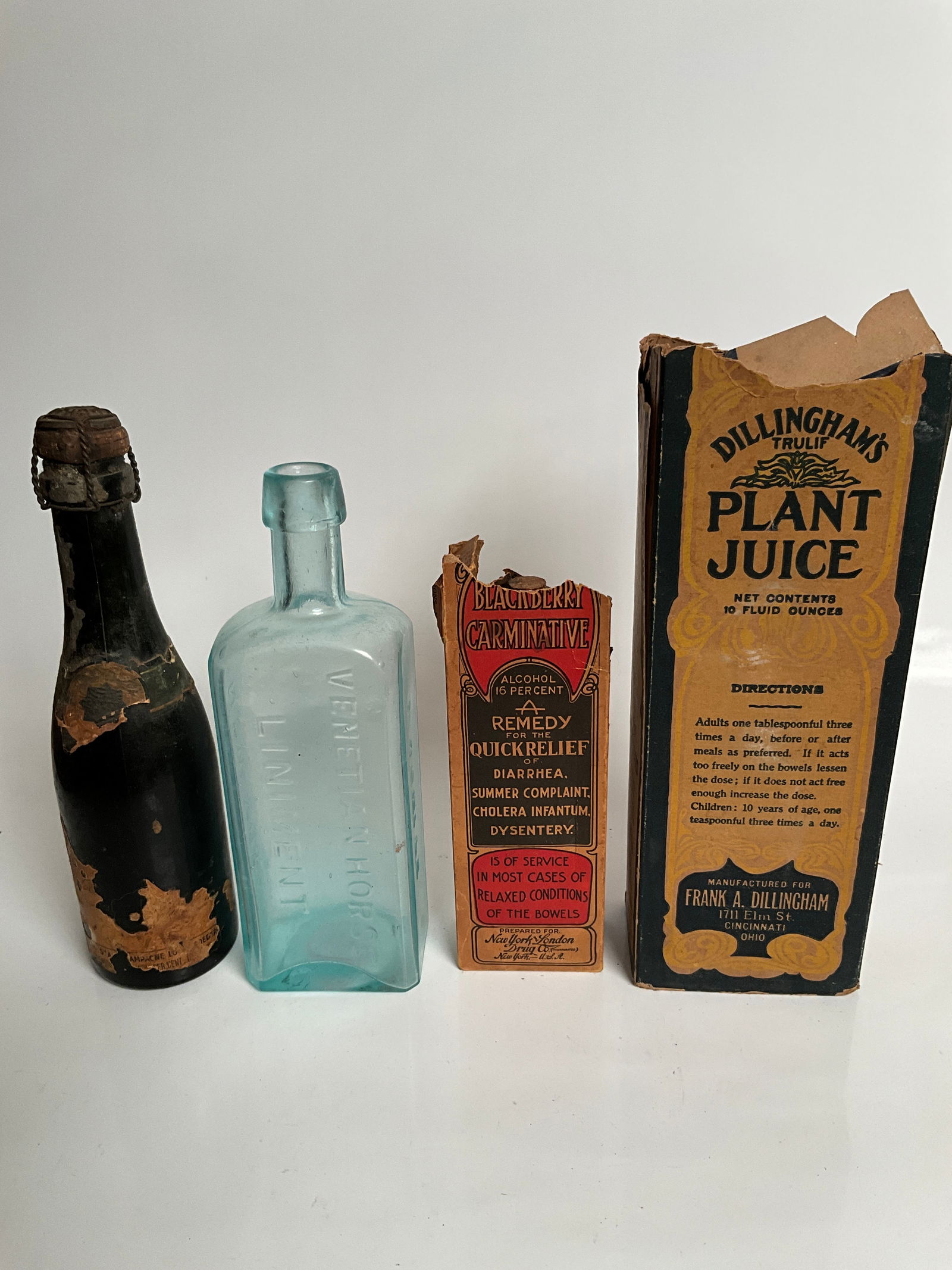 Lot of 3 medicine bottles with labels and contents and one old champagne (1 of 5)