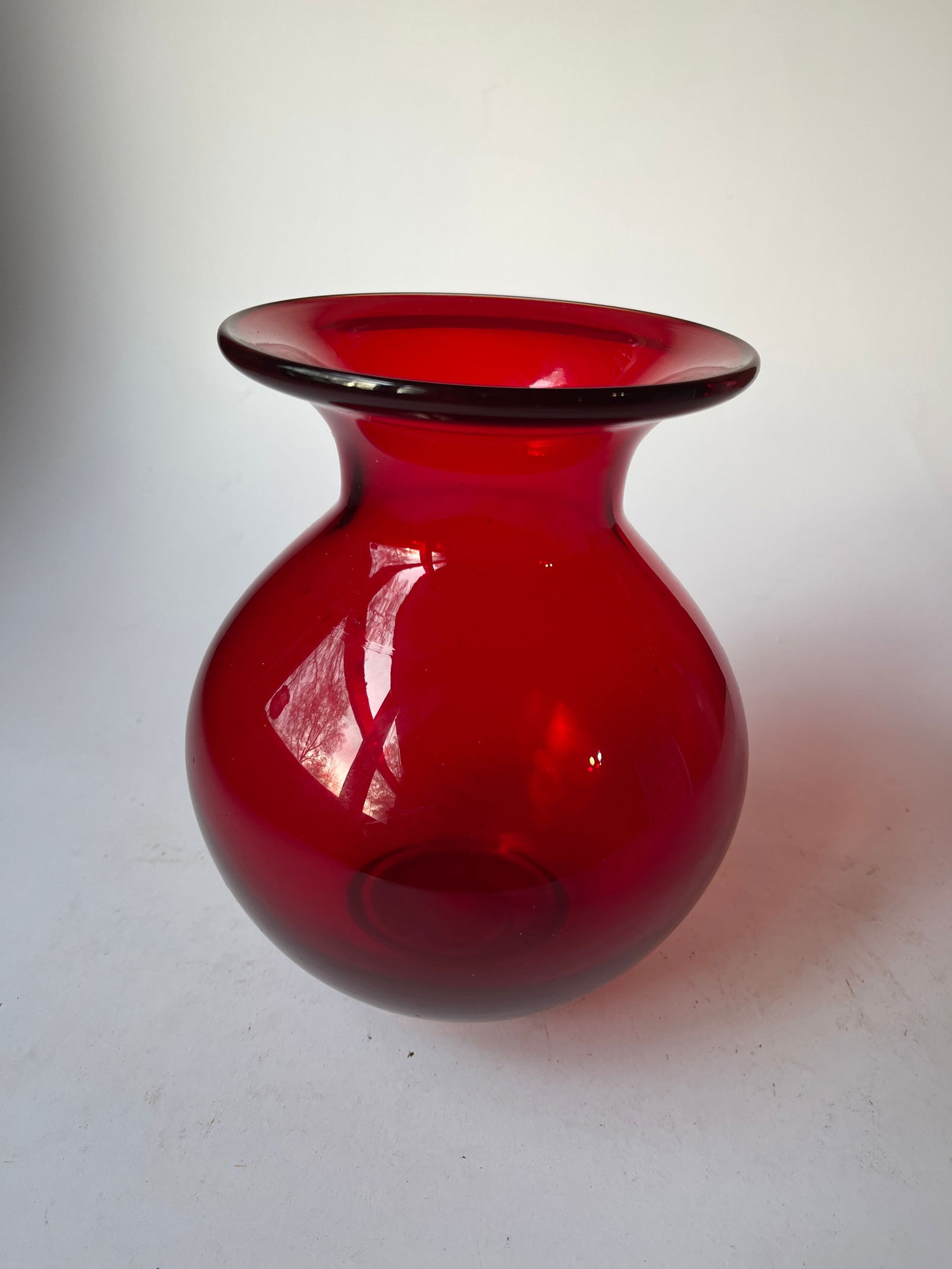Large ruby red blown glass vase w/ ground pontil mark (1 of 3)