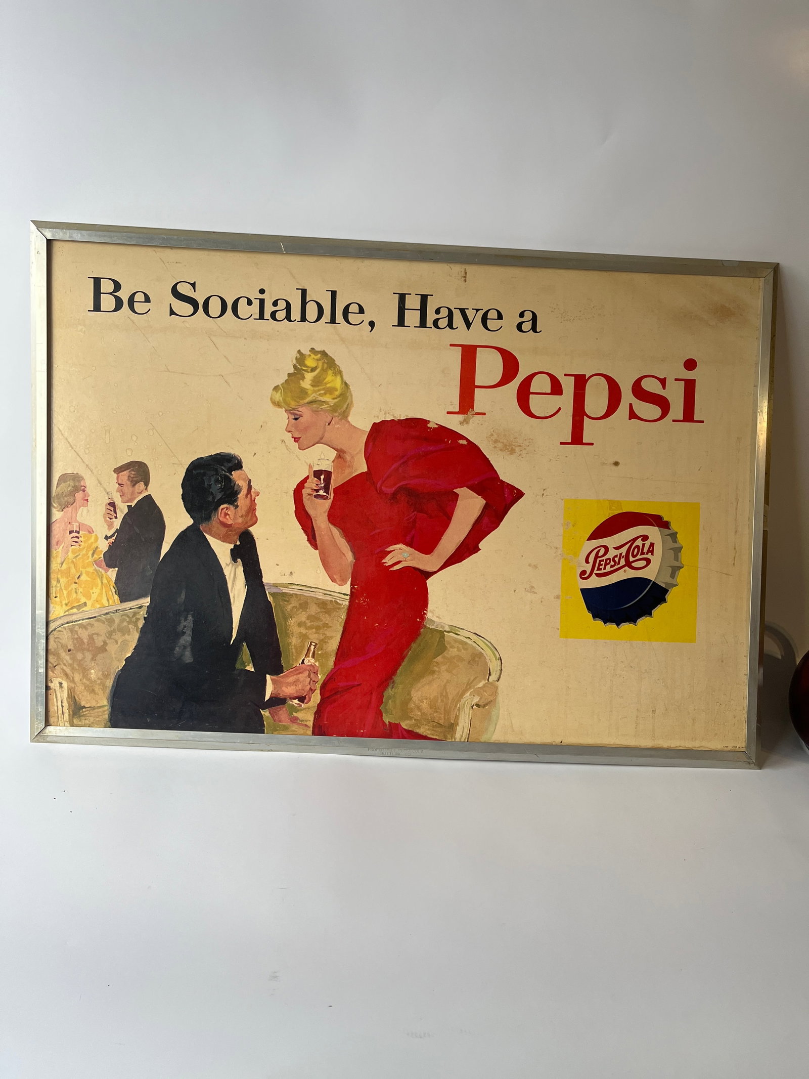 Be Sociable, Have a Pepsi cardboard sign. 27" X 37.5". Aluminum framed.: Be Sociable, Have a Pepsi cardboard sign. 27" X 37.5". Aluminum framed.