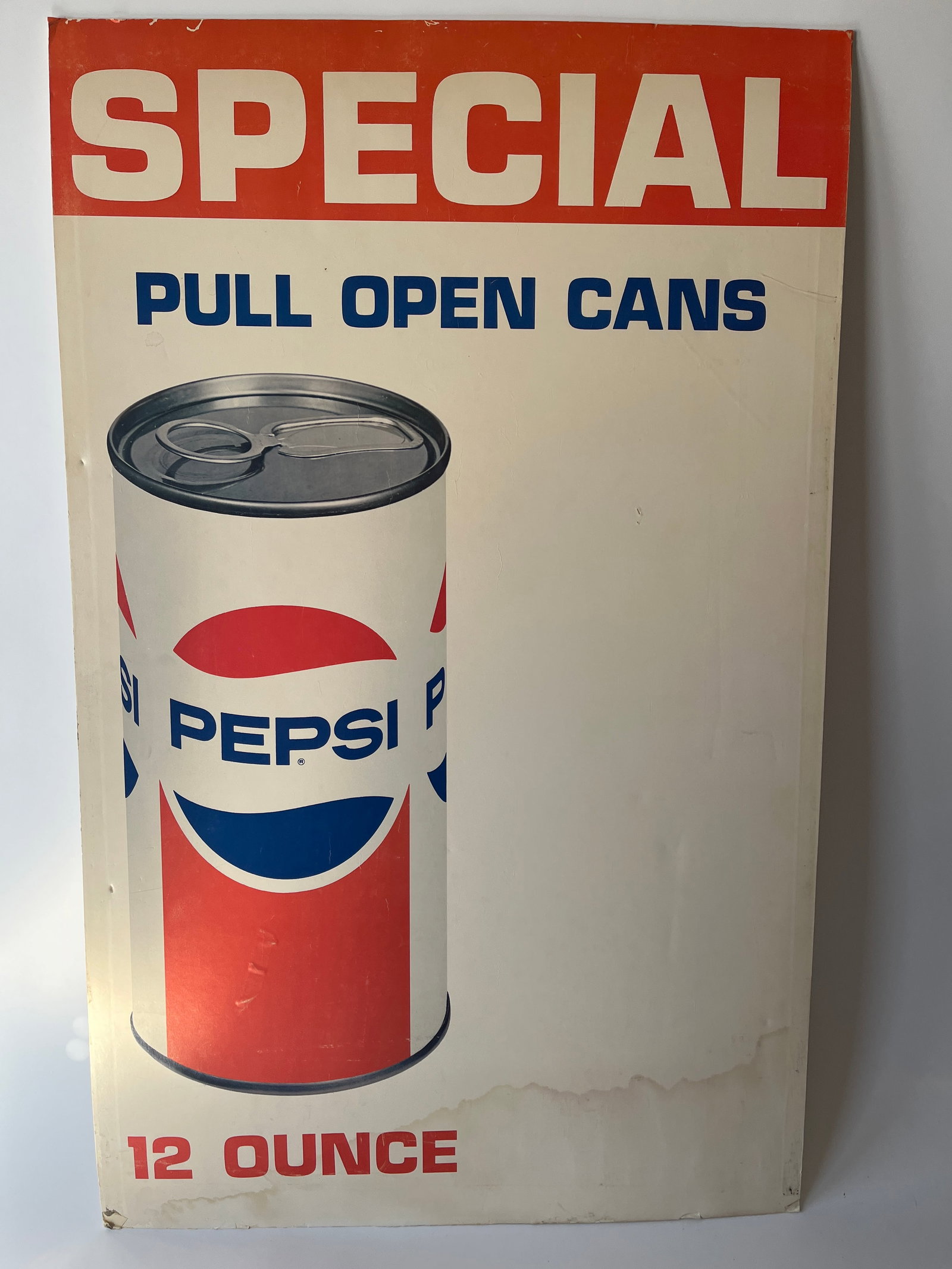 Special pull open cans PEPSI cardboard sign. 34" X 21".: Special pull open cans PEPSI cardboard sign. 34" X 21". Slight water staining at bottom.