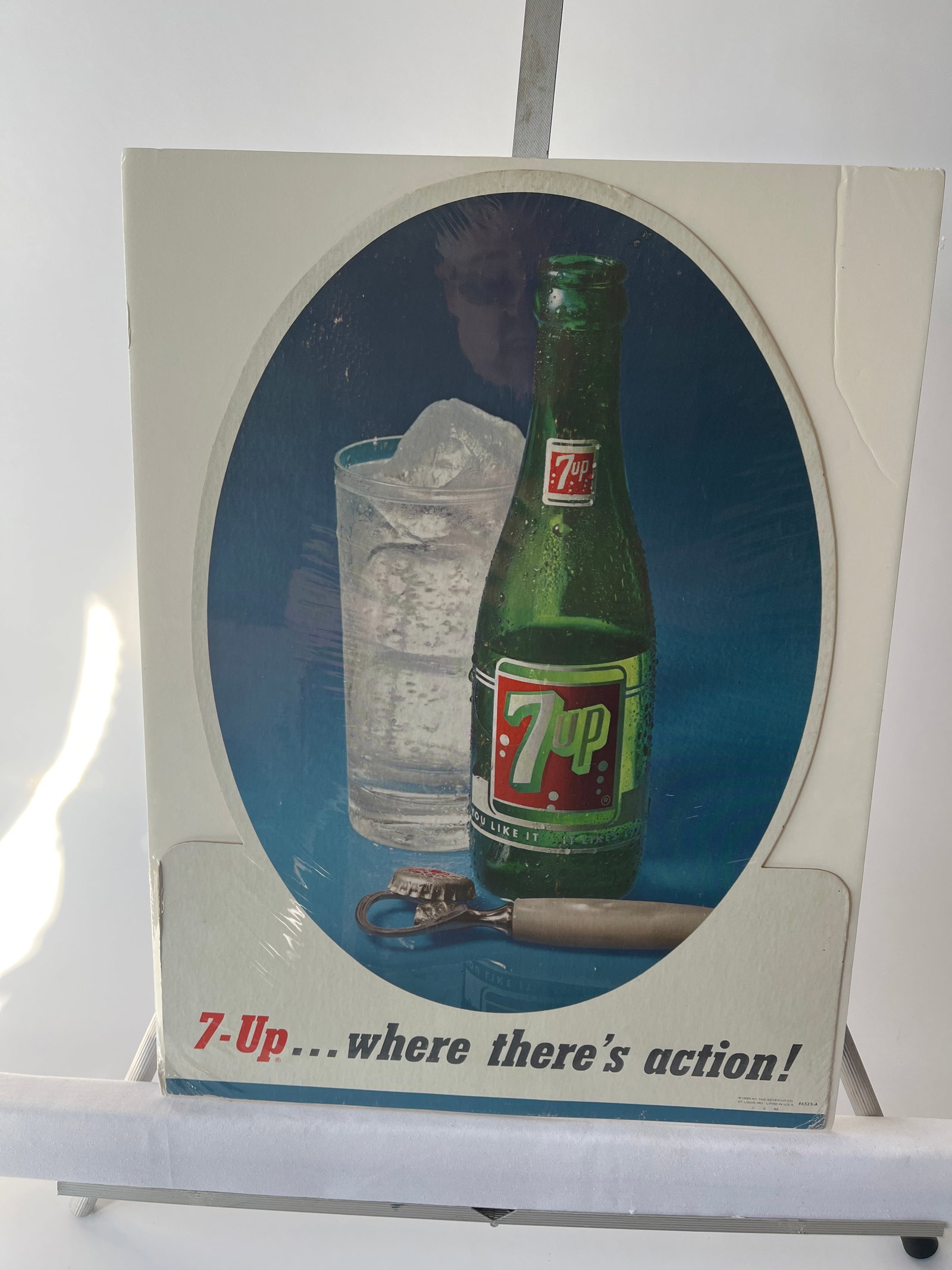 7-up where there's action! diecut oval sign. 16" X 12.5".: 7-up where there's action! diecut oval sign. 16" X 12.5".