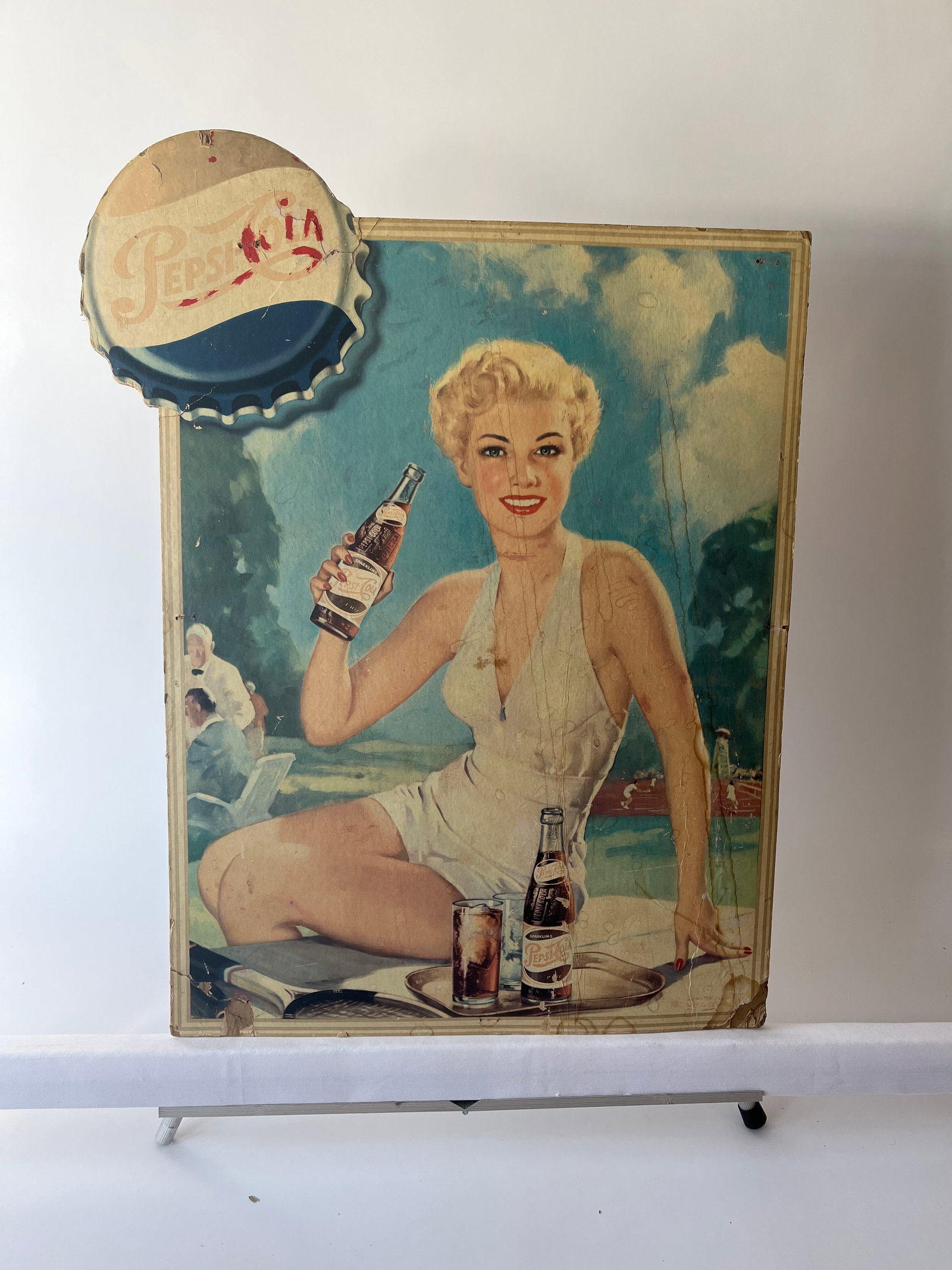 Early Pepsi-Cola cardboard diecut sign. 23" X 16".: Early Pepsi-Cola cardboard diecut sign. 23" X 16". Some damage and fading.