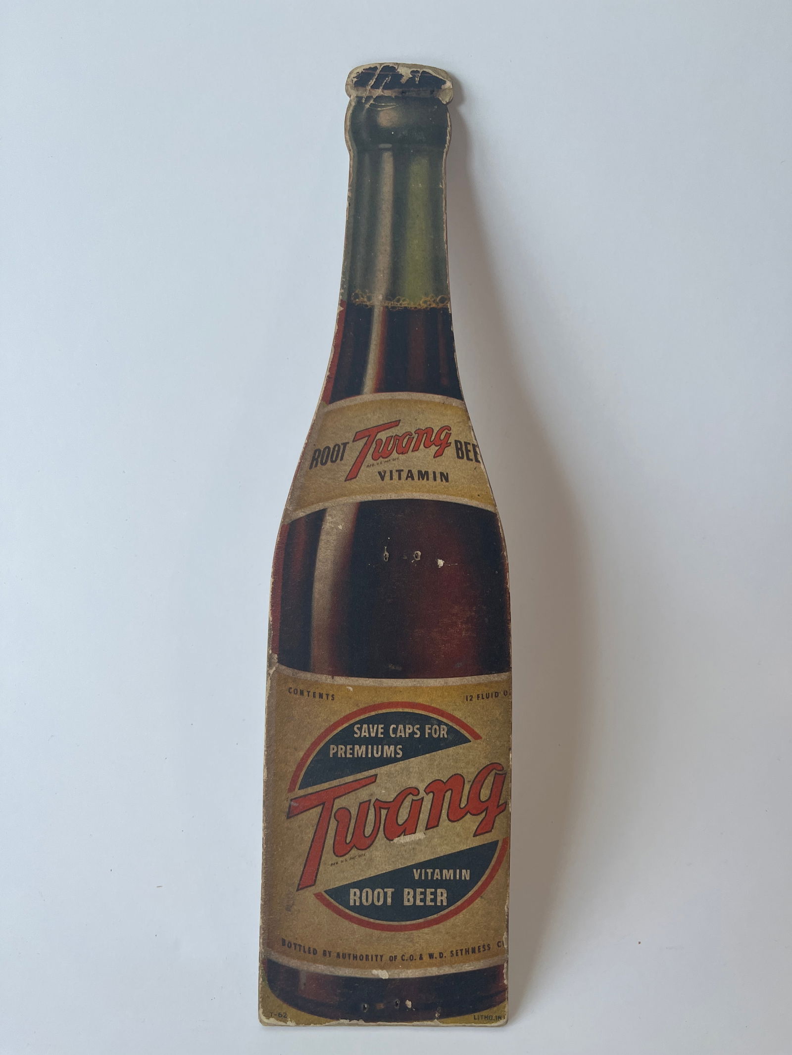 Twang Root Beer diecut cardboard bottle. 11" X 3". (1 of 3)