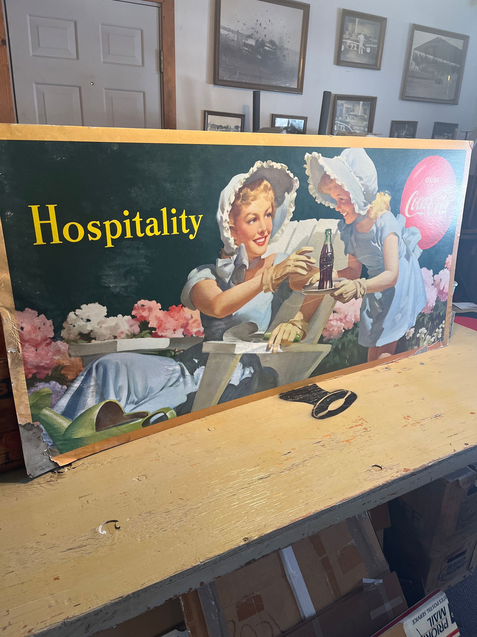 Hospitality Coca-Cola paper on cardboard. 27.5" X 56.25".: Hospitality Coca-Cola paper on cardboard. 27.5" X 56.25". Some paper loss.