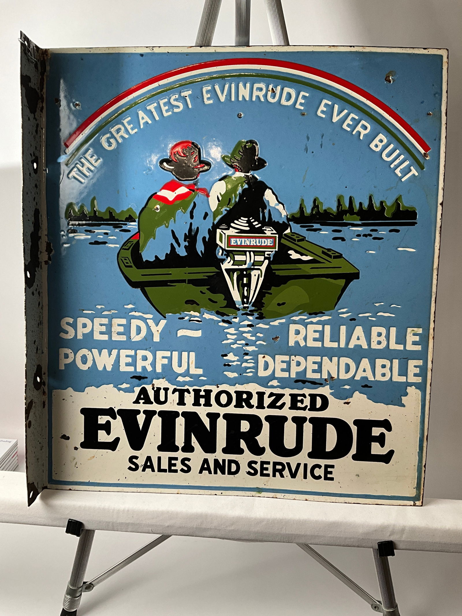 Rare Porcelain double sided Evinrude Boat motors FLange Sign (1 of 6)