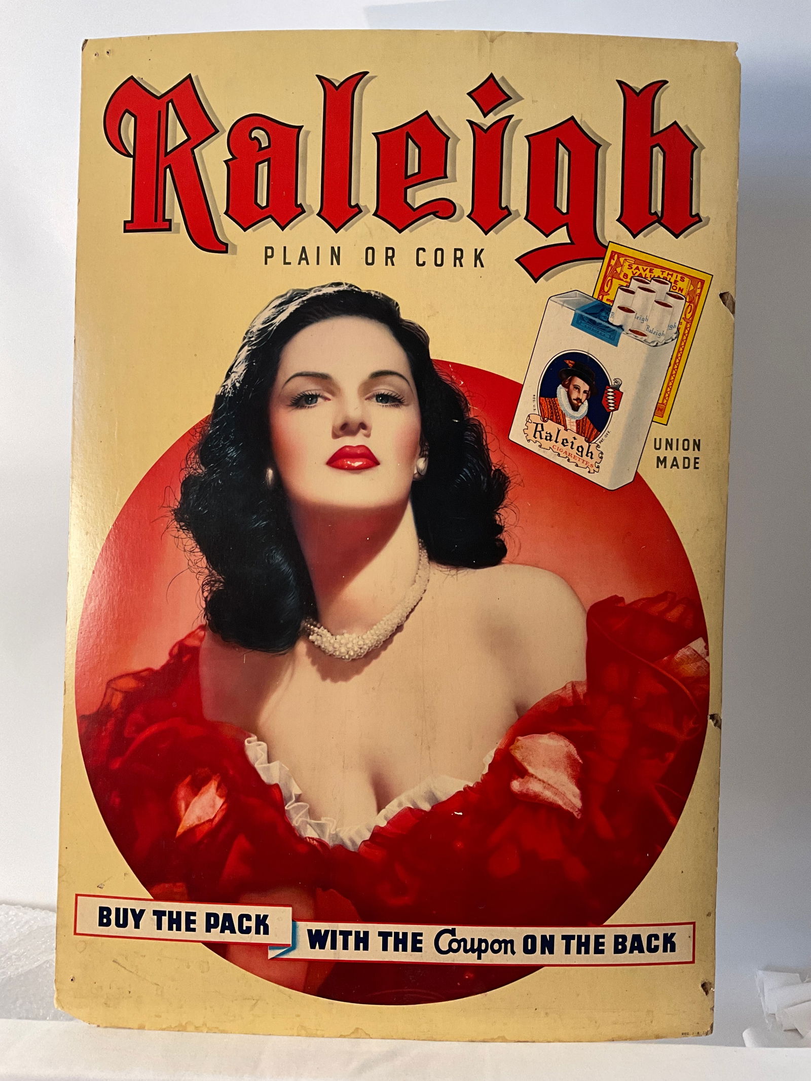 1940's Raleigh Cigarette Lithographic Cardboard Advertisement 19 7/8" by 29 3/4" with Woman in Red (1 of 6)