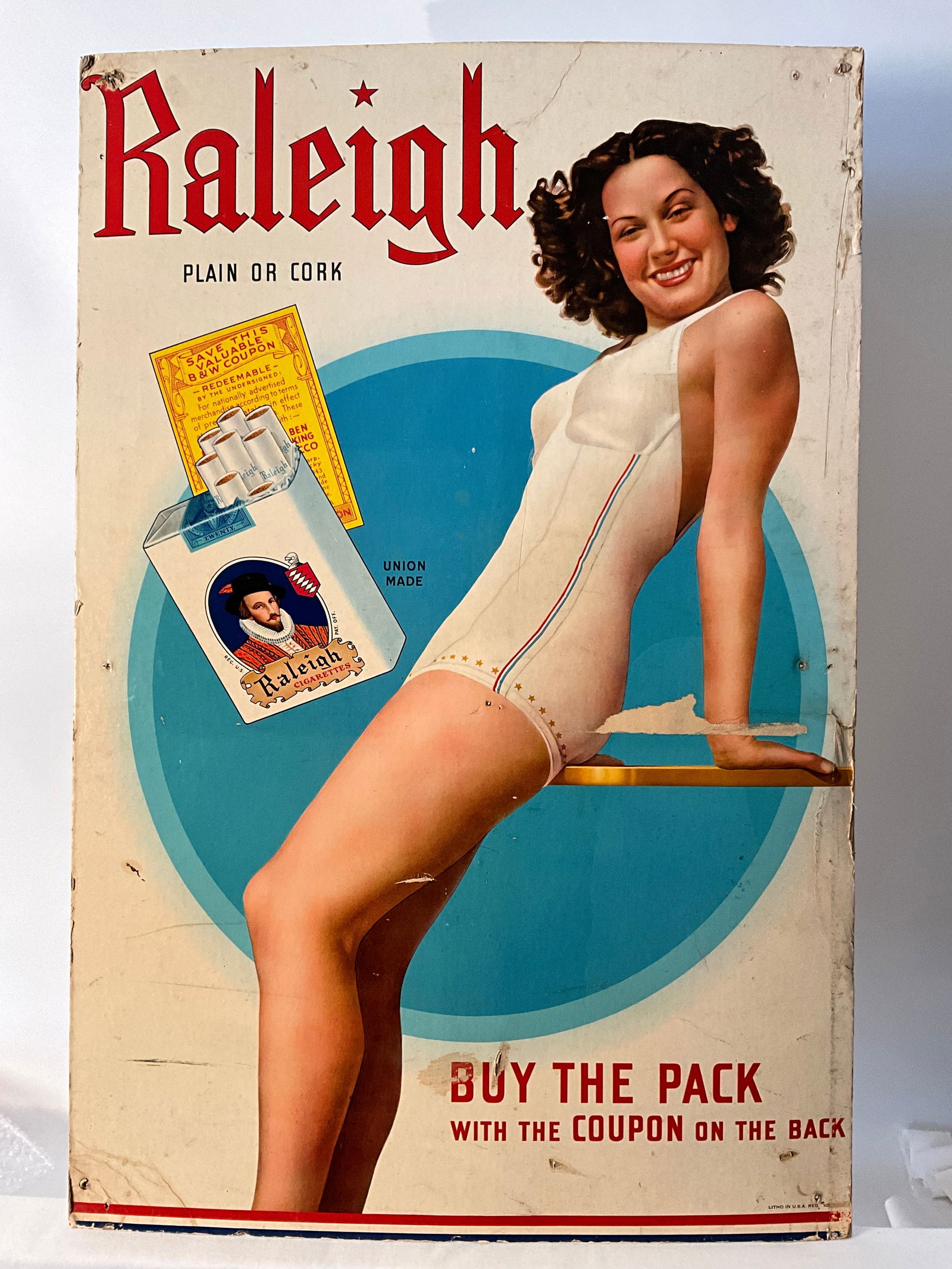 1940's Raleigh Cigarette Lithographic Cardboard Advertisement 19 7/8" by 29 7/8" with Woman (1 of 5)