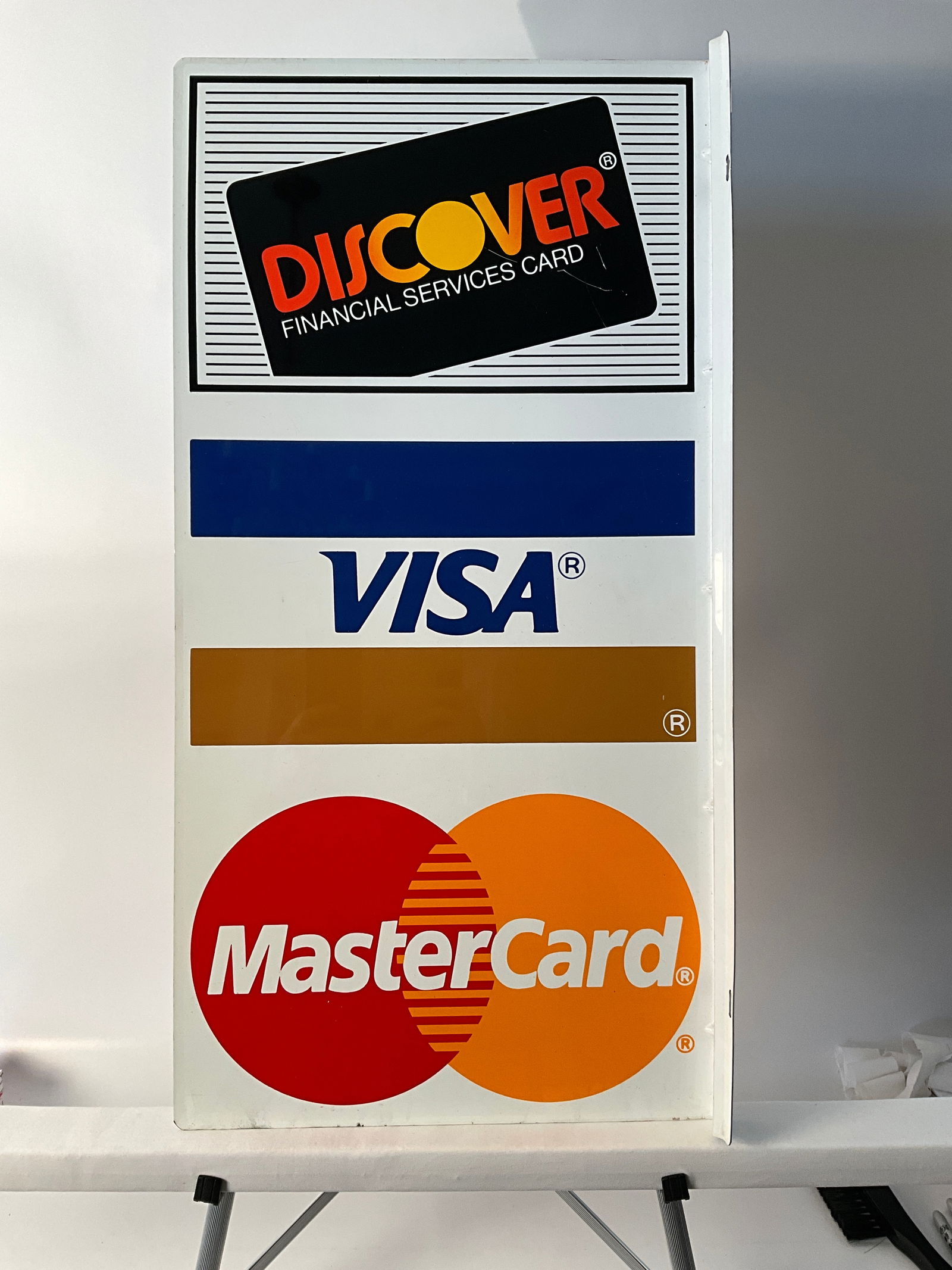 Double-Sided Metal Discover, Visa, Mastercard Credit Card Advertising Sign with Hanging Flange (1 of 8)