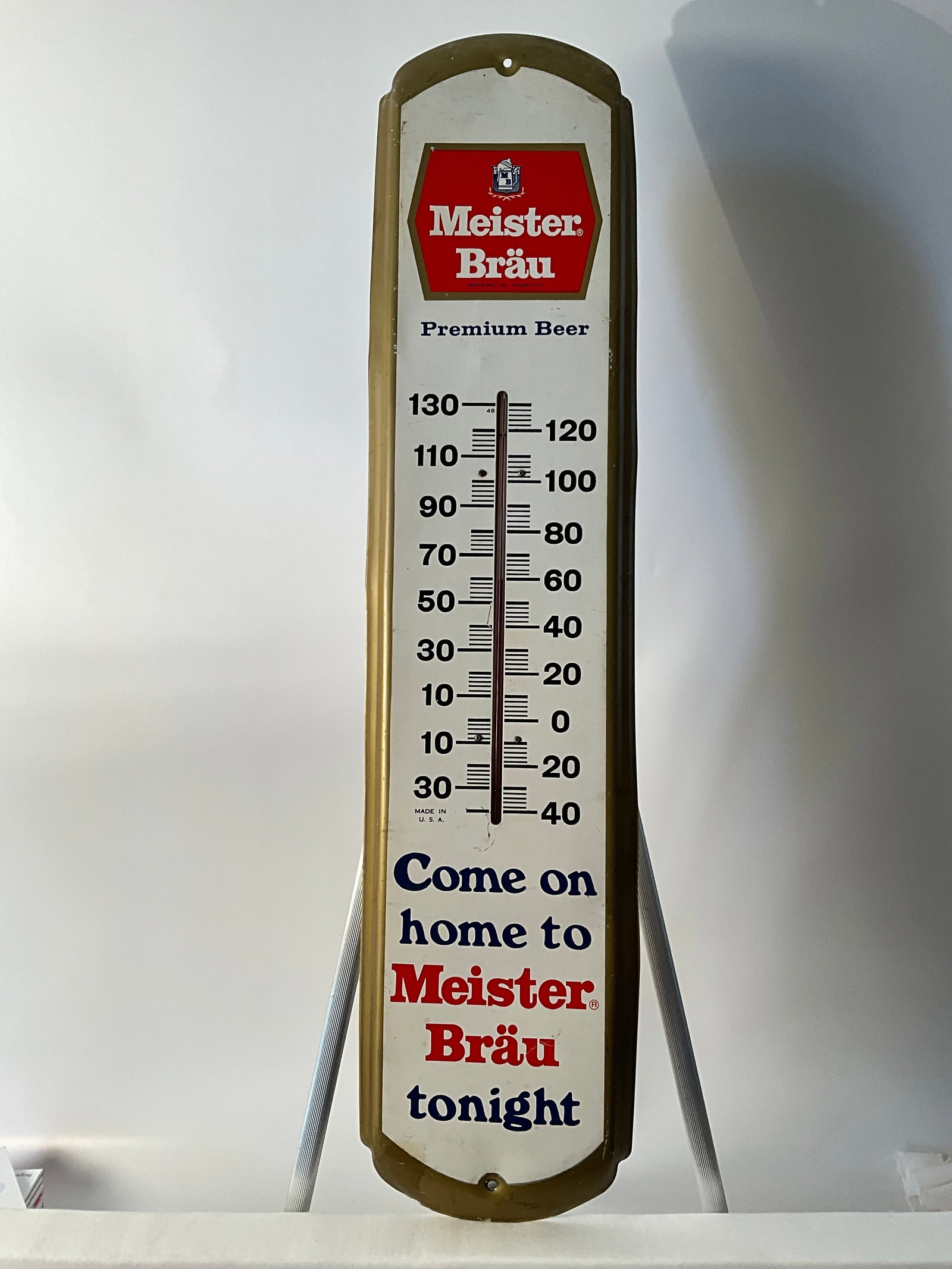Large Meister Brau Advertising Thermomenter.: Large Meister Brau thermomenter. Painted metal advertising thermometer sign. The thermomenter sign measures 8 1/4" wide, by 36" long. Great shape.