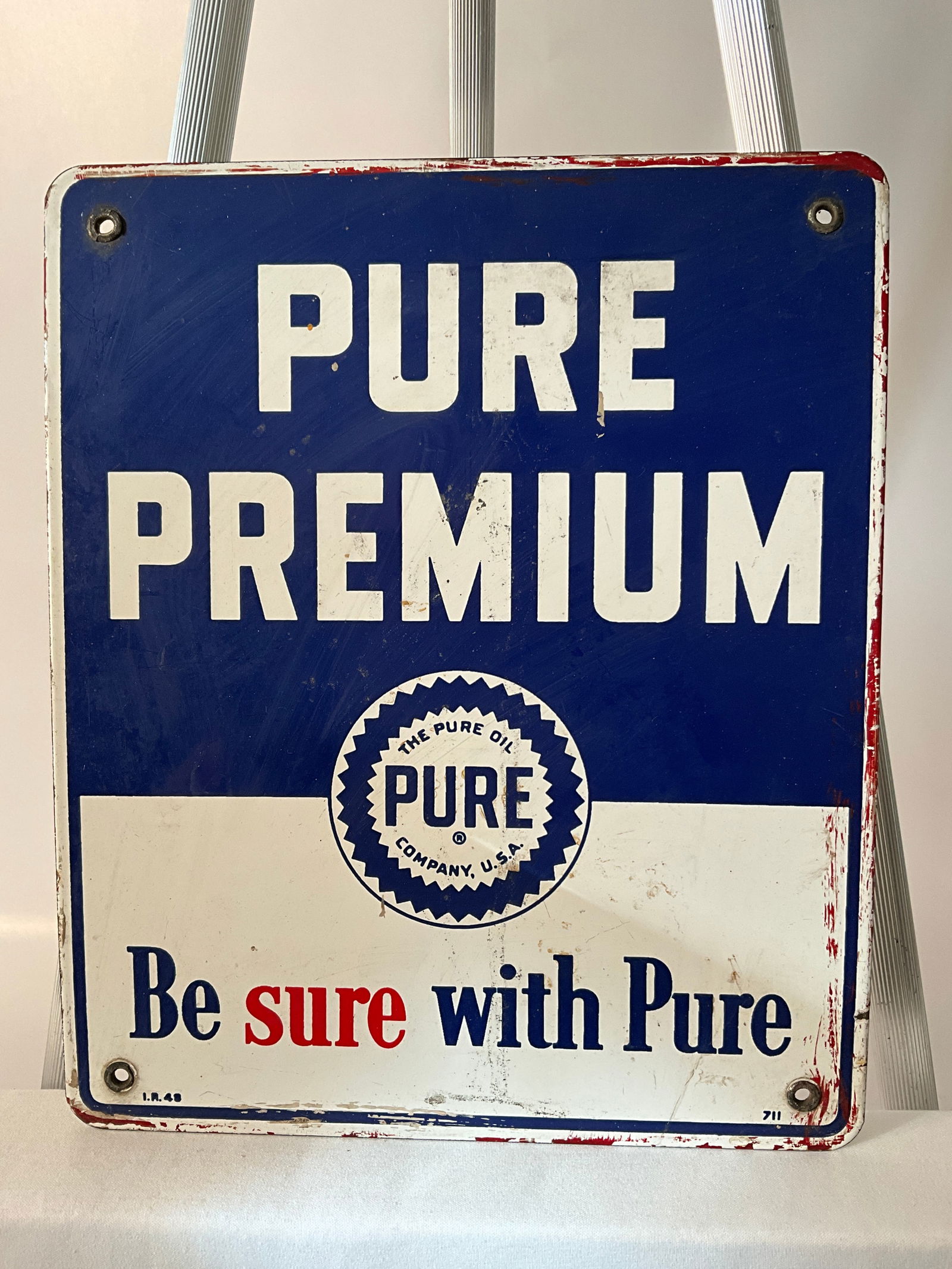 Pure Premium Porcelain Gas Station Pump Advertisement Sign, "Be Sure With Pure" (1 of 4)