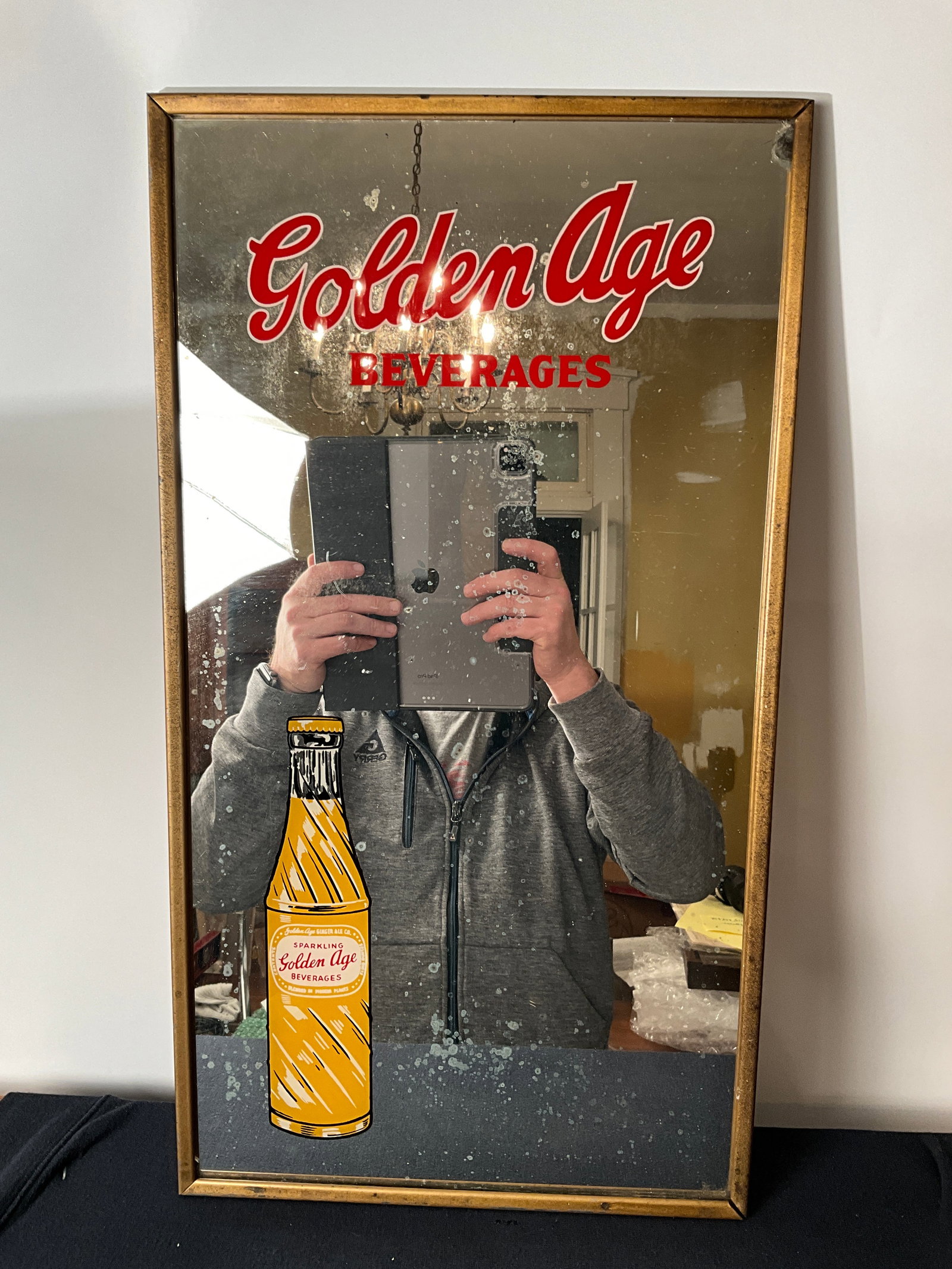 Golden Age Beverages, Soda Pop Advertising Medium Size Mirror: Golden Age Beverages, soda pop advertising mirror. Measures 12" x 22" with original frame and backing. There are several dark spots on the mirror, but is truly an attractive piece.