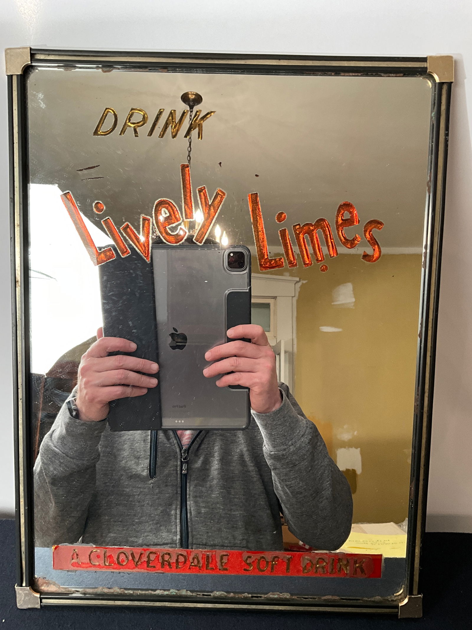 1920's Soda Pop Advertising Mirror, Drink Lively Limes, A Cloverdale Soft Drink (1 of 4)