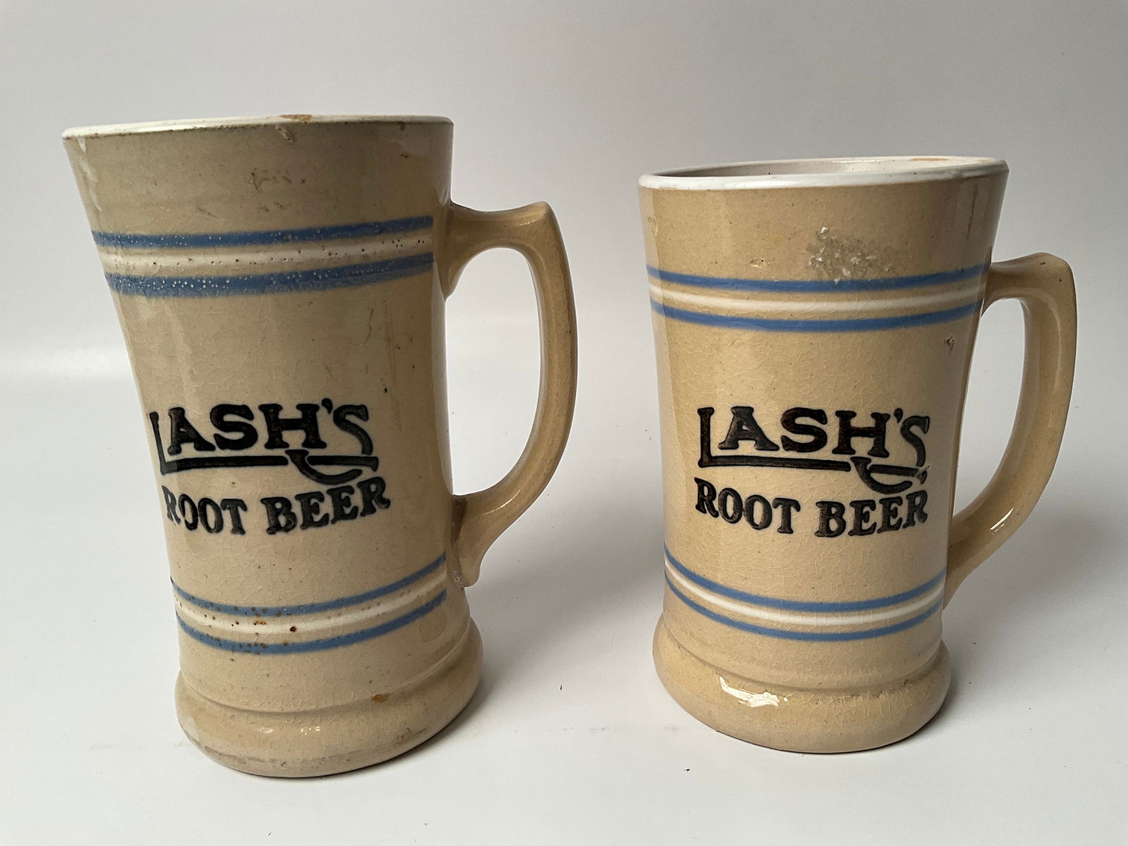 Lot of Two Lash's Root Beer Soda Stoneware Advertising Mugs, Two Sizes (1 of 7)